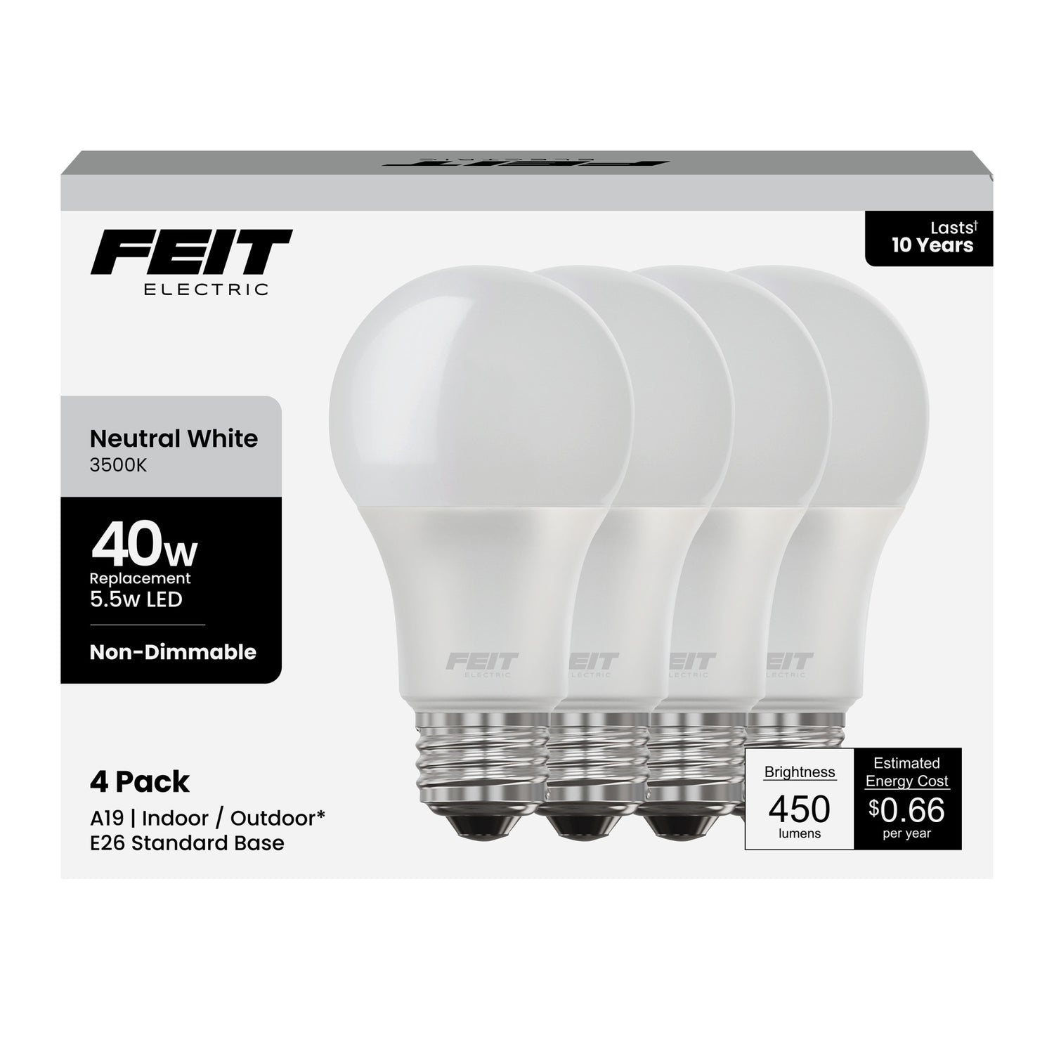 5.5W (40W Replacement) Neutral White (3500K) E26 Base A19 Non-Dimmable General Purpose LED (4-Pack)