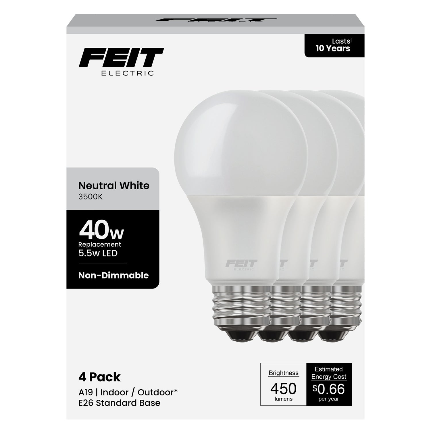 5.5W (40W Replacement) Neutral White (3500K) E26 Base A19 Non-Dimmable General Purpose LED (4-Pack)