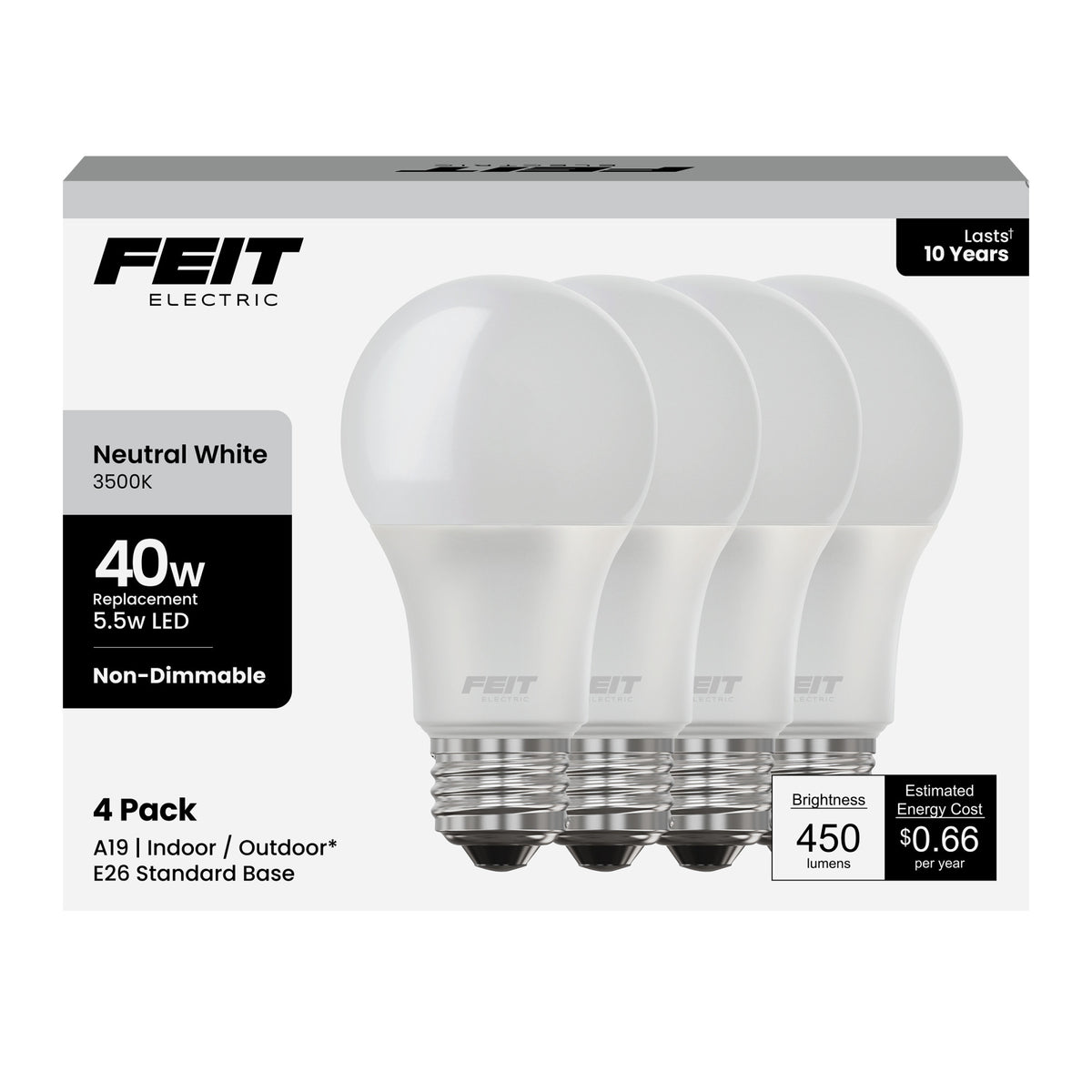 5.5W (40W Replacement) Neutral White (3500K) E26 Base A19 Non-Dimmable General Purpose LED (4-Pack)