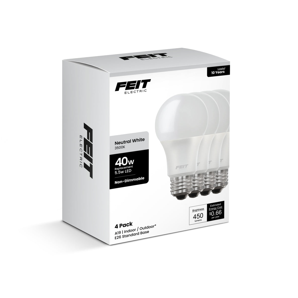 5.5W (40W Replacement) Neutral White (3500K) E26 Base A19 Non-Dimmable General Purpose LED (4-Pack)
