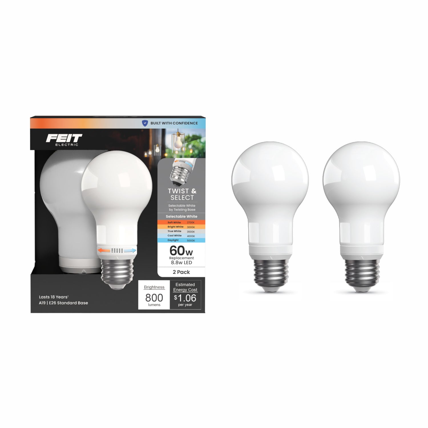 8.8W (60W Replacement) Twist to Select E26 Base A19 Frost Glass LED Bulb (2-Pack)