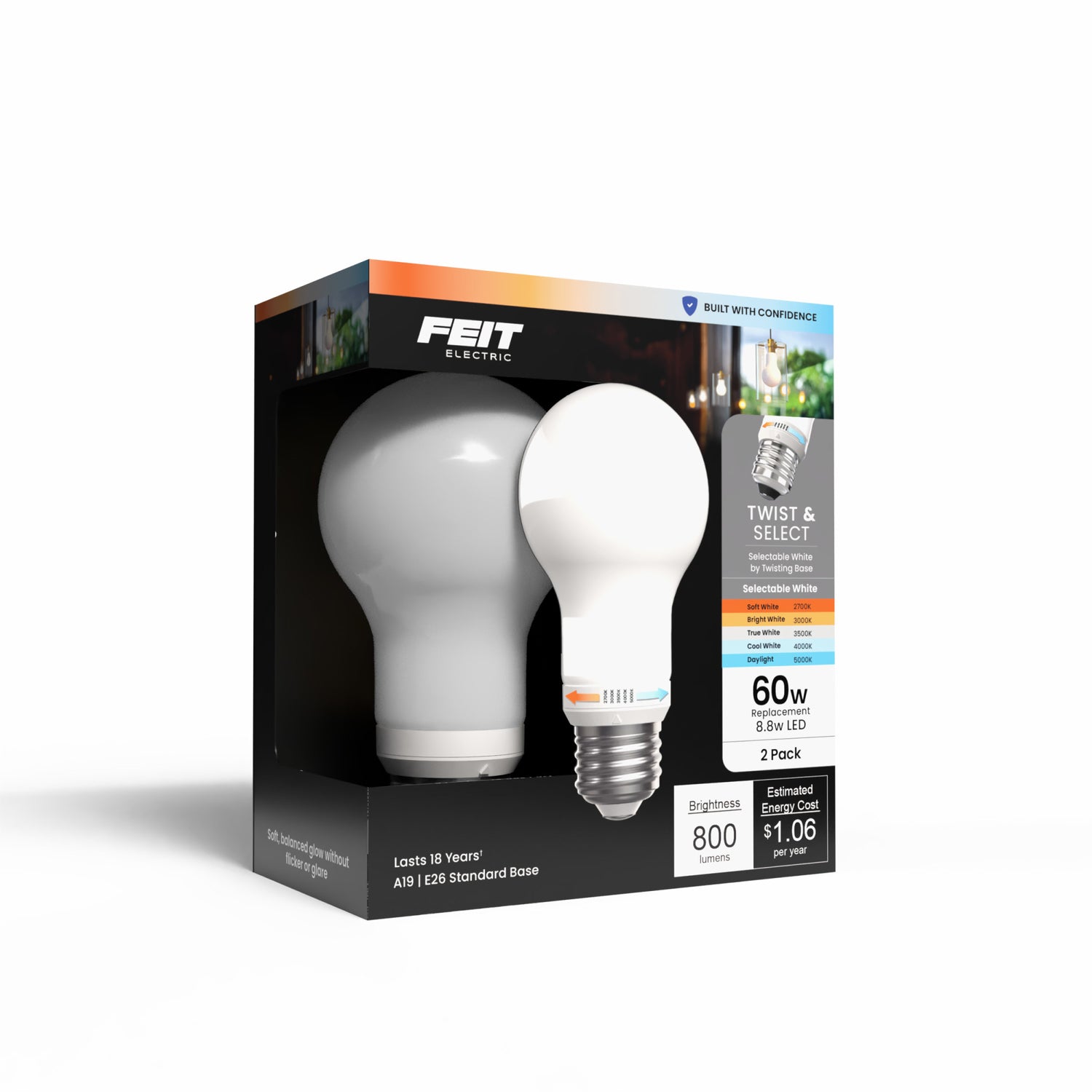 8.8W (60W Replacement) Twist to Select E26 Base A19 Frost Glass LED Bulb (2-Pack)