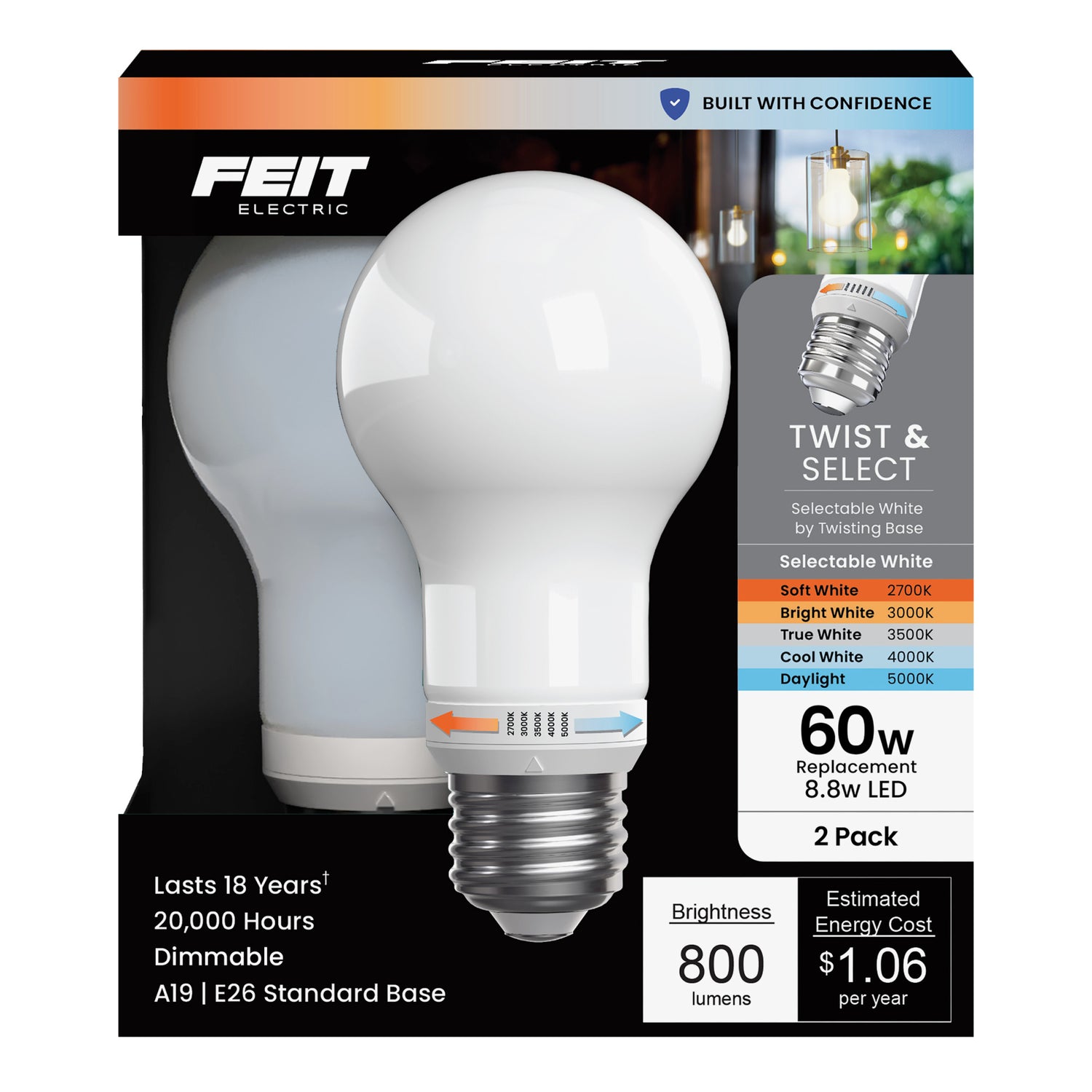 8.8W (60W Replacement) Twist to Select E26 Base A19 Frost Glass LED Bulb (2-Pack)