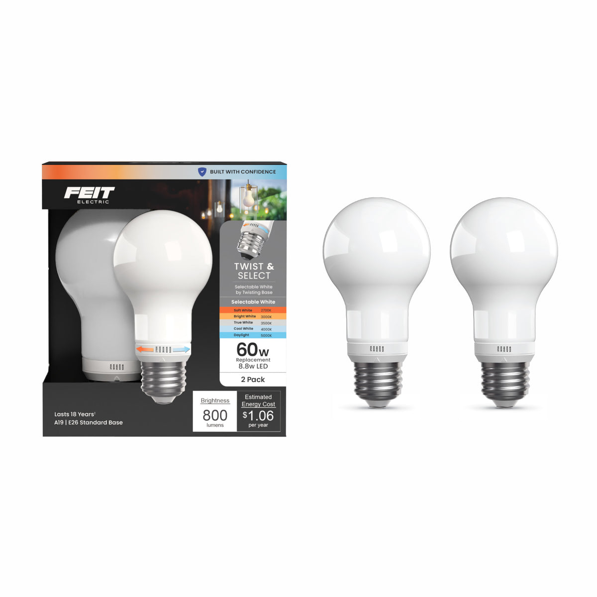 8.8W (60W Replacement) Twist to Select E26 Base A19 Frost Glass LED Bulb (2-Pack)
