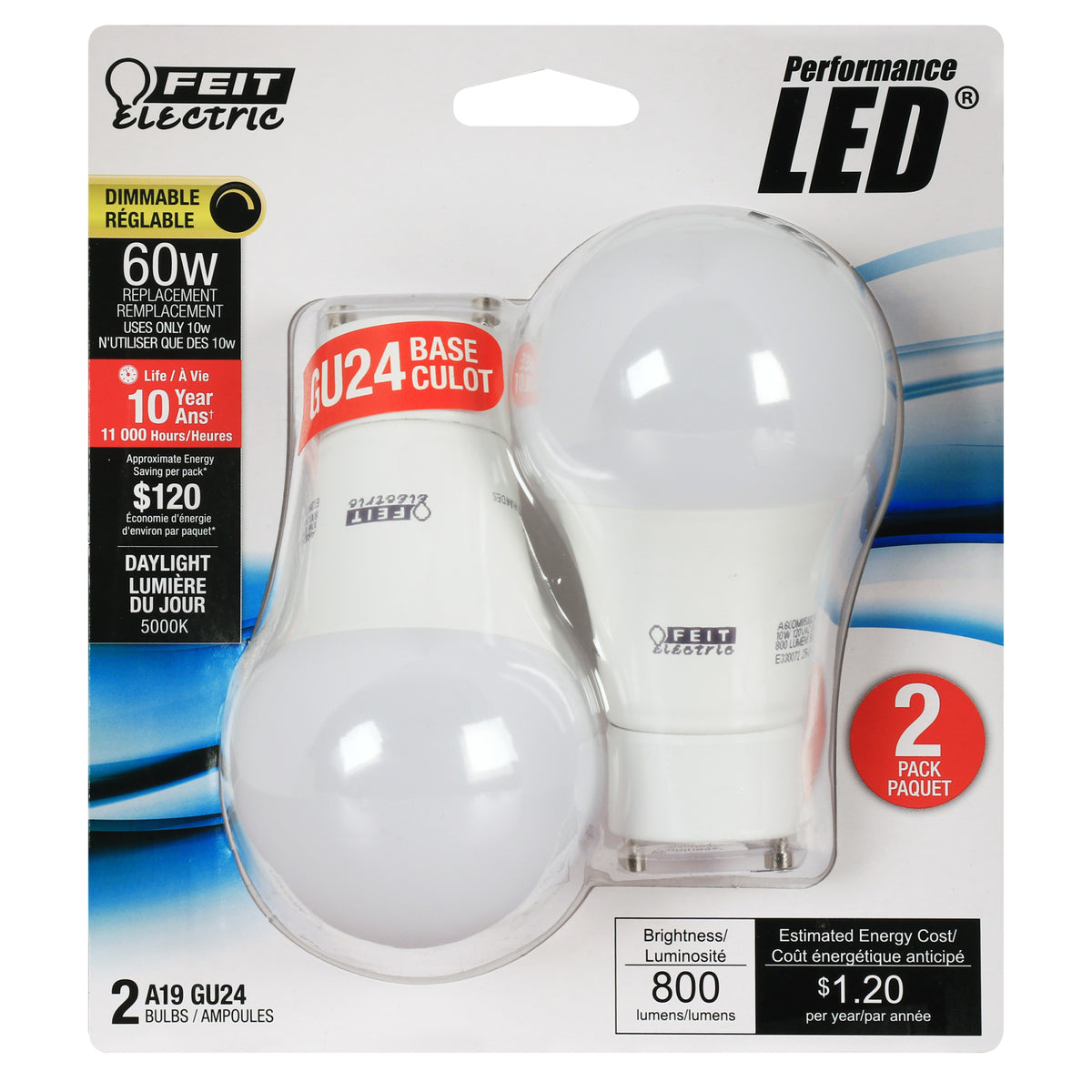 10W (60W Replacement) Daylight (5000K) A19 GU24 Base Dimmable General Purpose LED (2-Pack)