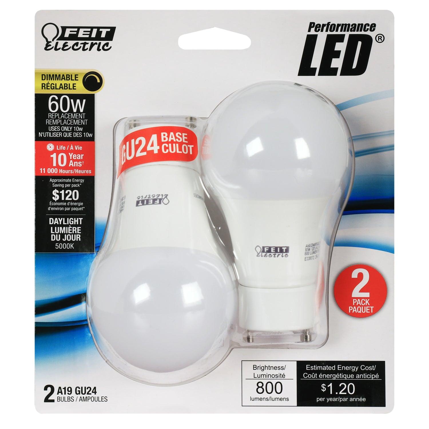 10W (60W Replacement) Daylight (5000K) A19 GU24 Base Dimmable General Purpose LED (2-Pack)
