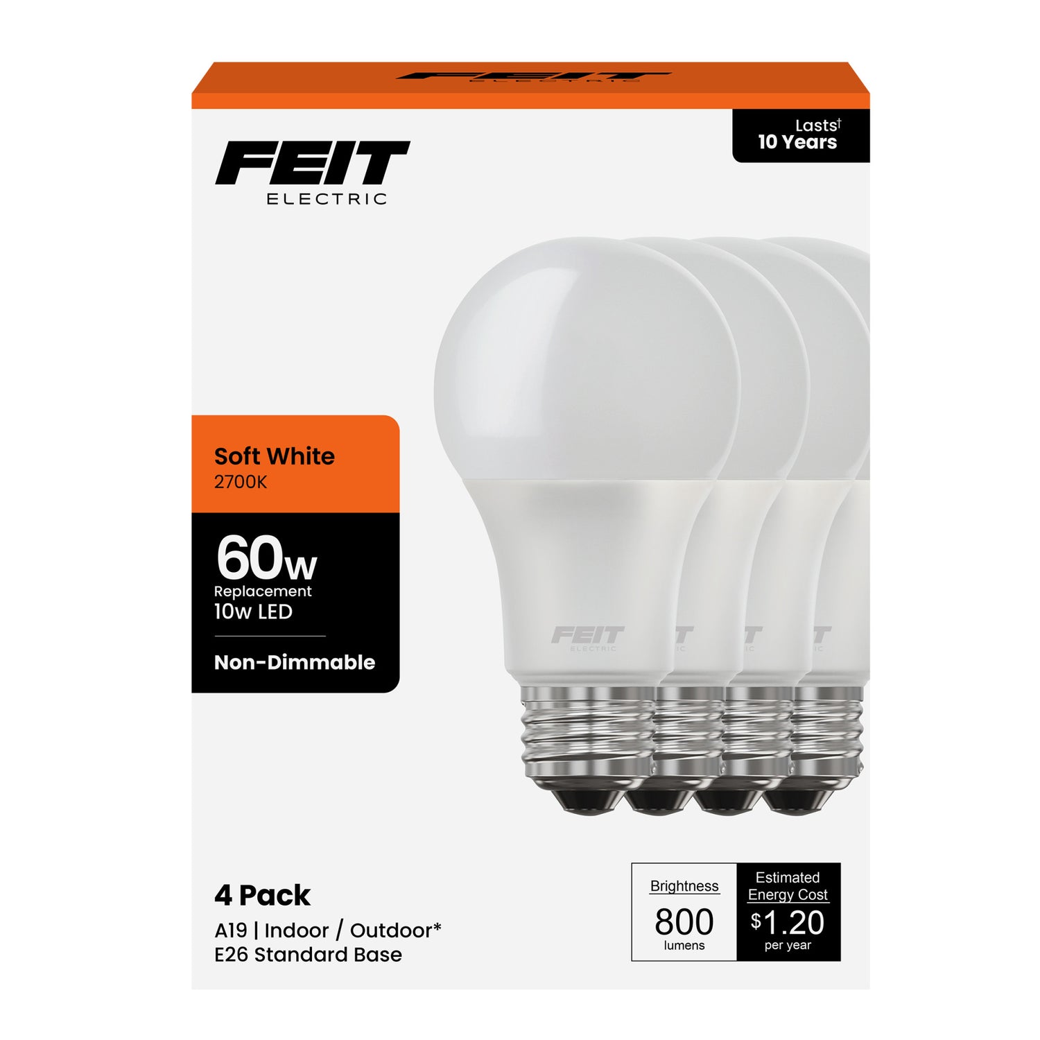 9W (60W Replacement) Soft White (2700K) Non-Dimmable LED (4-Pack)