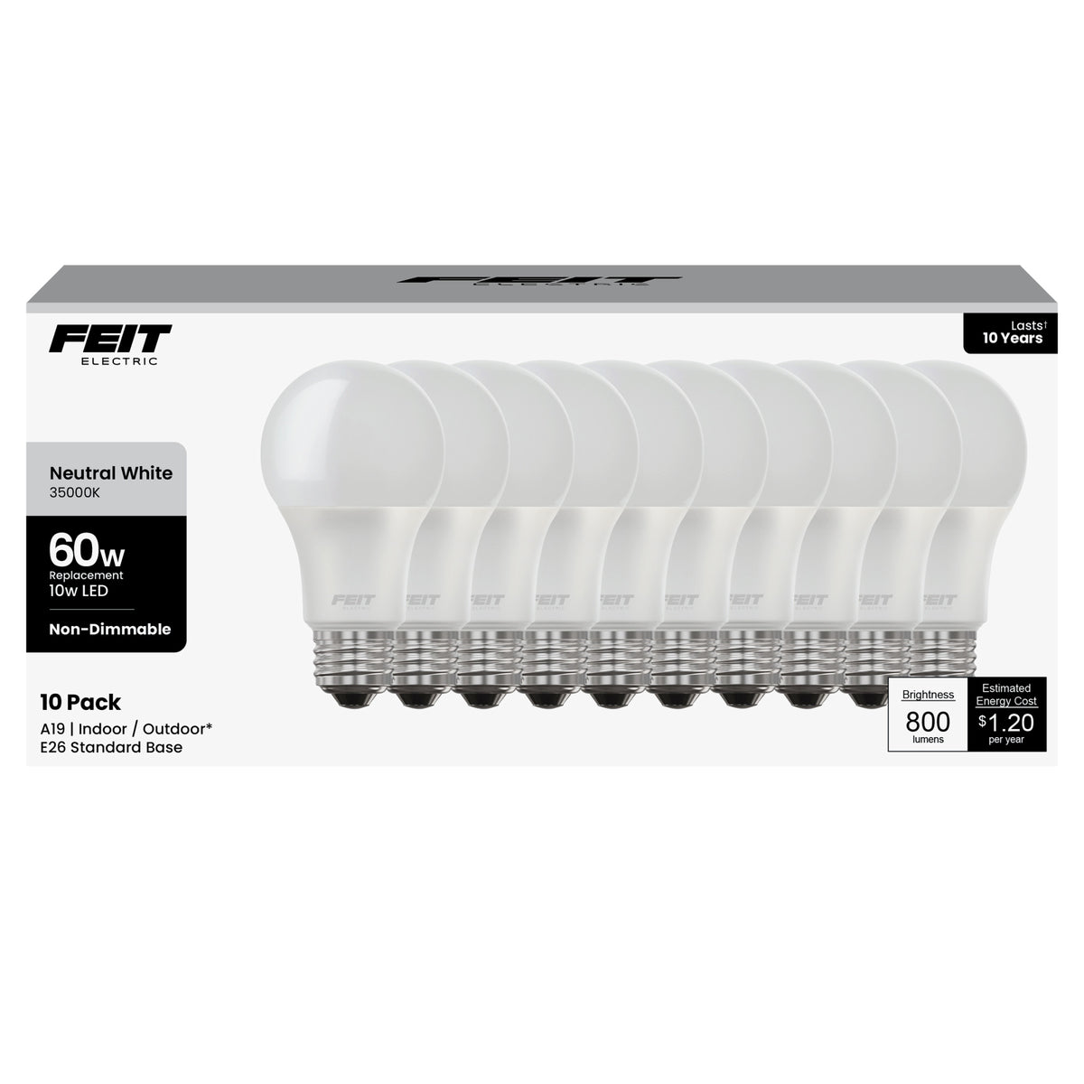 10W (60W Replacement) Neutral White (3500K) E26 Base A19 Non-Dimmable LED Light Bulb (10-Pack)