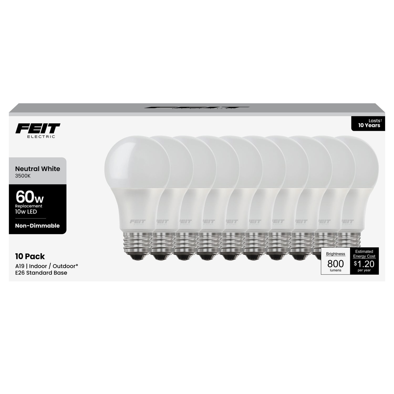 10W (60W Replacement) Neutral White (3500K) E26 Base A19 Non-Dimmable LED Light Bulb (10-Pack)