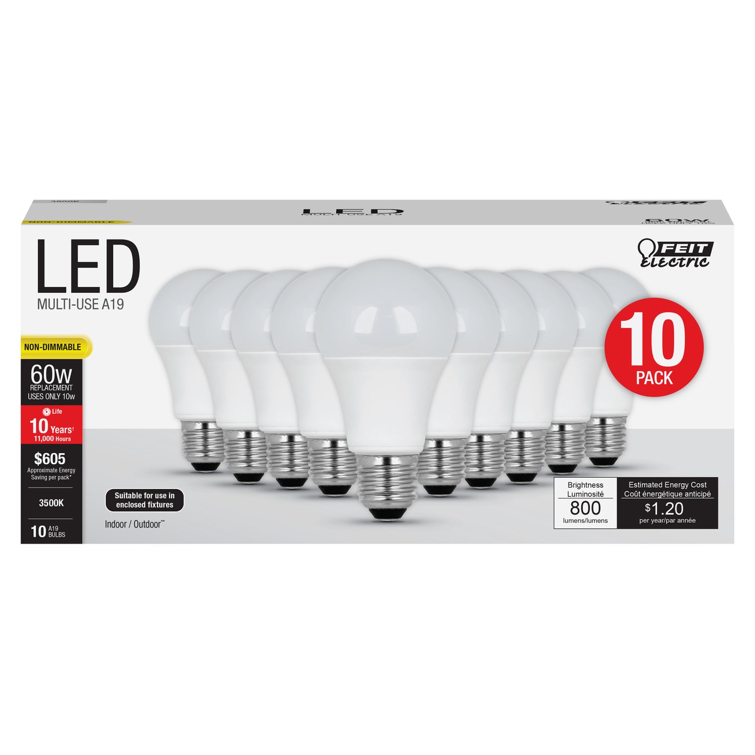 10W (60W Replacement) Neutral White (3500K) E26 Base A19 Non-Dimmable LED Light Bulb (10-Pack)