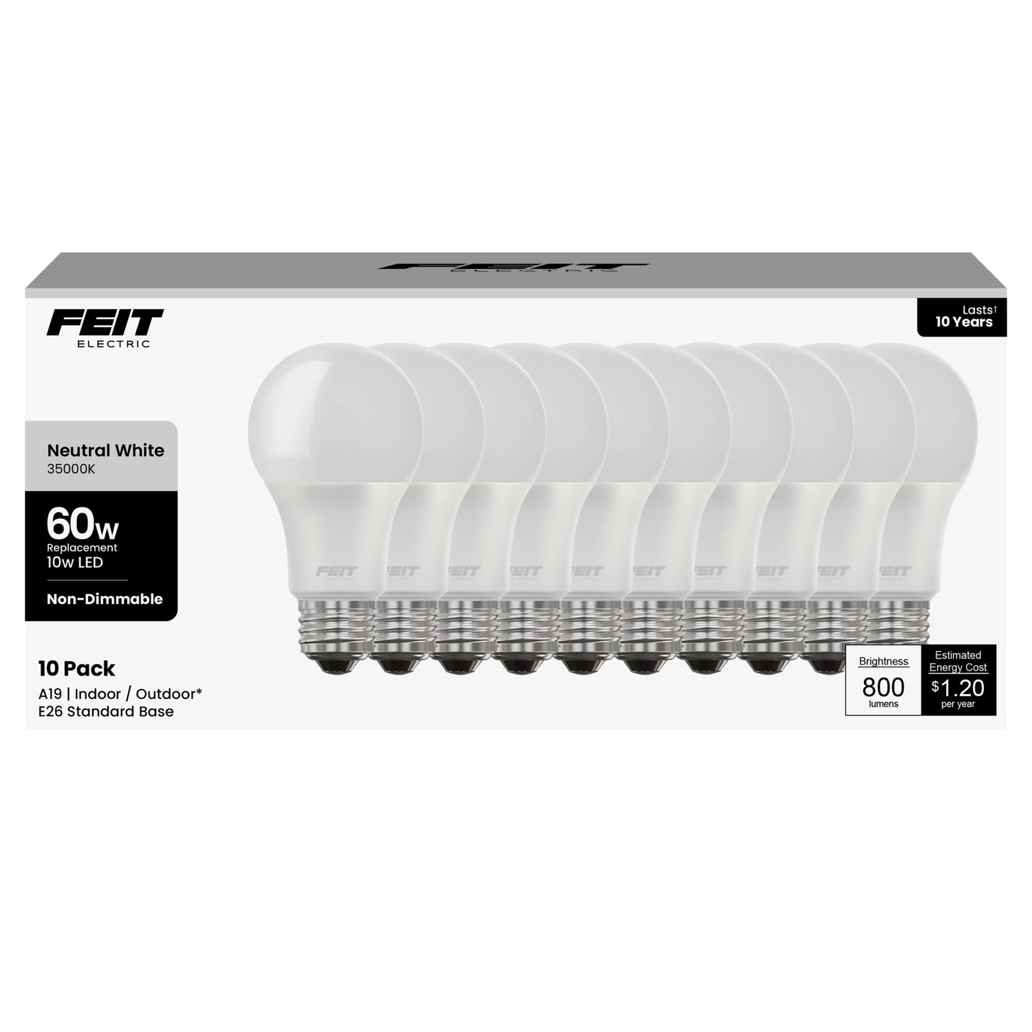 10W (60W Replacement) Neutral White (3500K) E26 Base A19 Non-Dimmable LED Light Bulb (10-Pack)