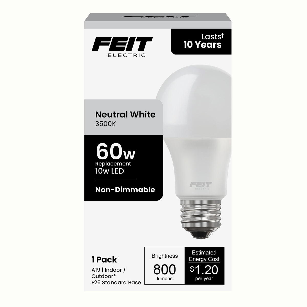 10W (60W Replacement) Neutral White (3500K) E26 Base A19 Non-Dimmable LED Light Bulb