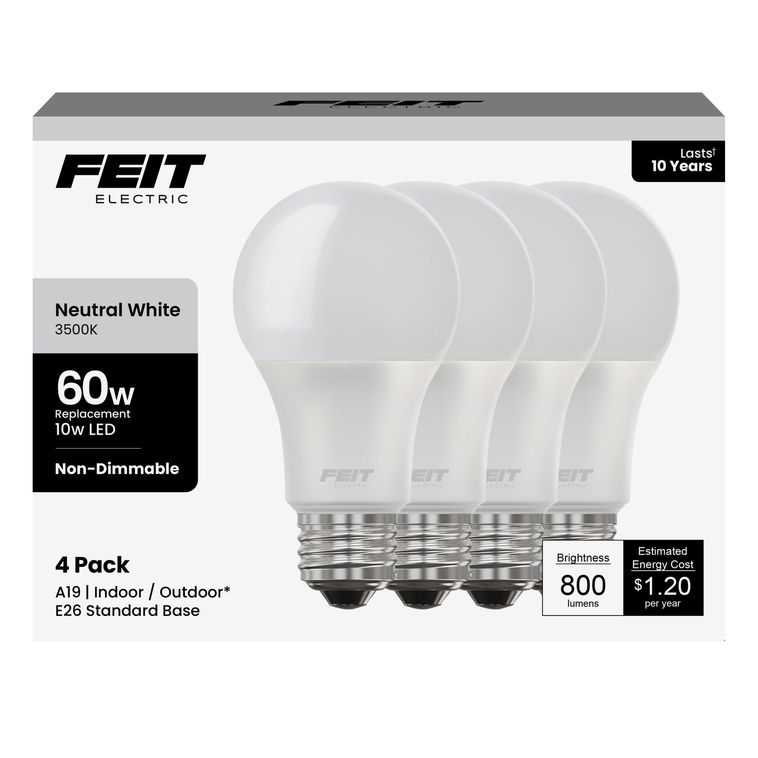 10W (60W Replacement) Neutral White (3500K) E26 Base A19 General Purpose LED (4-Pack)