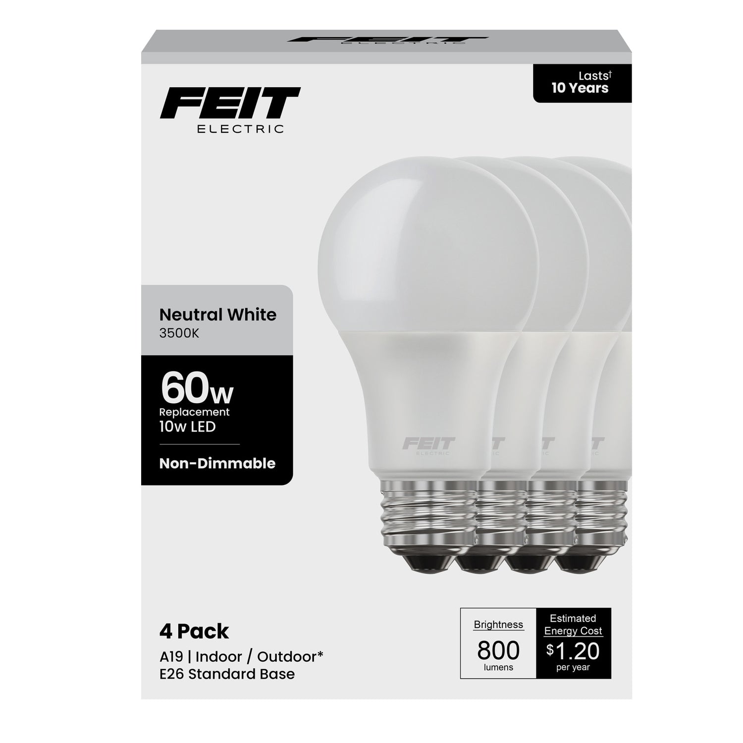 10W (60W Replacement) Neutral White (3500K) E26 Base A19 General Purpose LED (4-Pack)