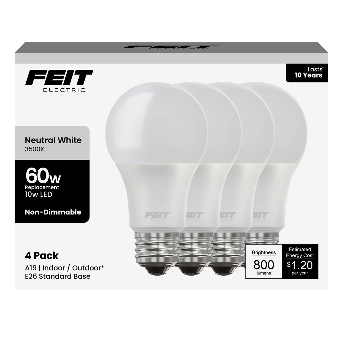 10W (60W Replacement) Neutral White (3500K) E26 Base A19 General Purpose LED (4-Pack)
