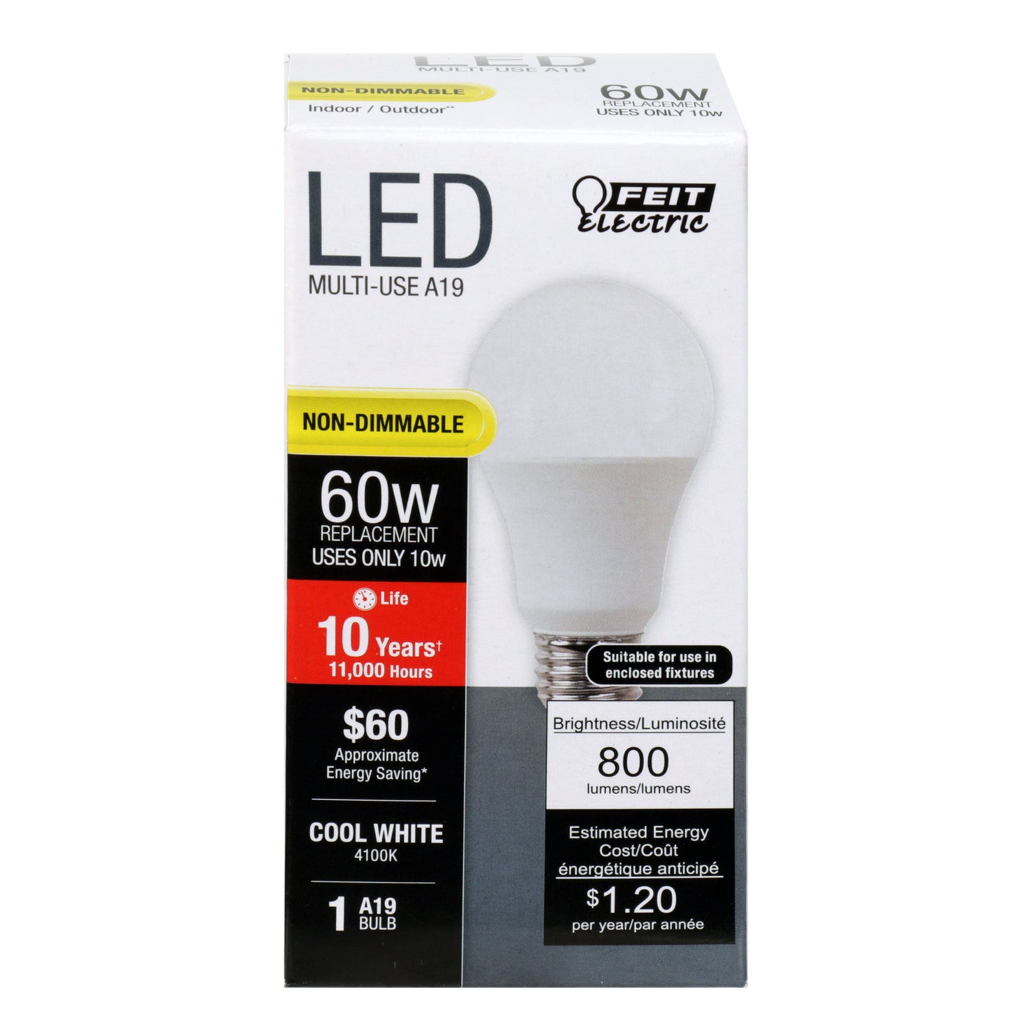 10W (60W Replacement)  Cool White (4100K) A19 General Purpose LED
