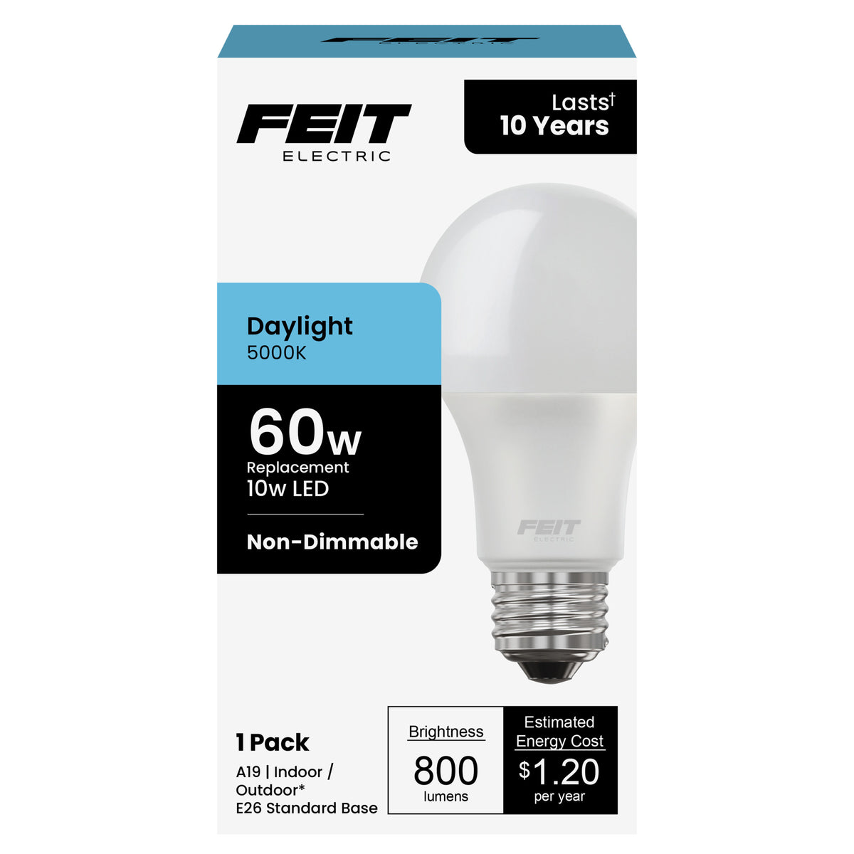 10W (60W Replacement) Daylight (5000K) A19 (E26 Base) General Purpose LED light Bulb