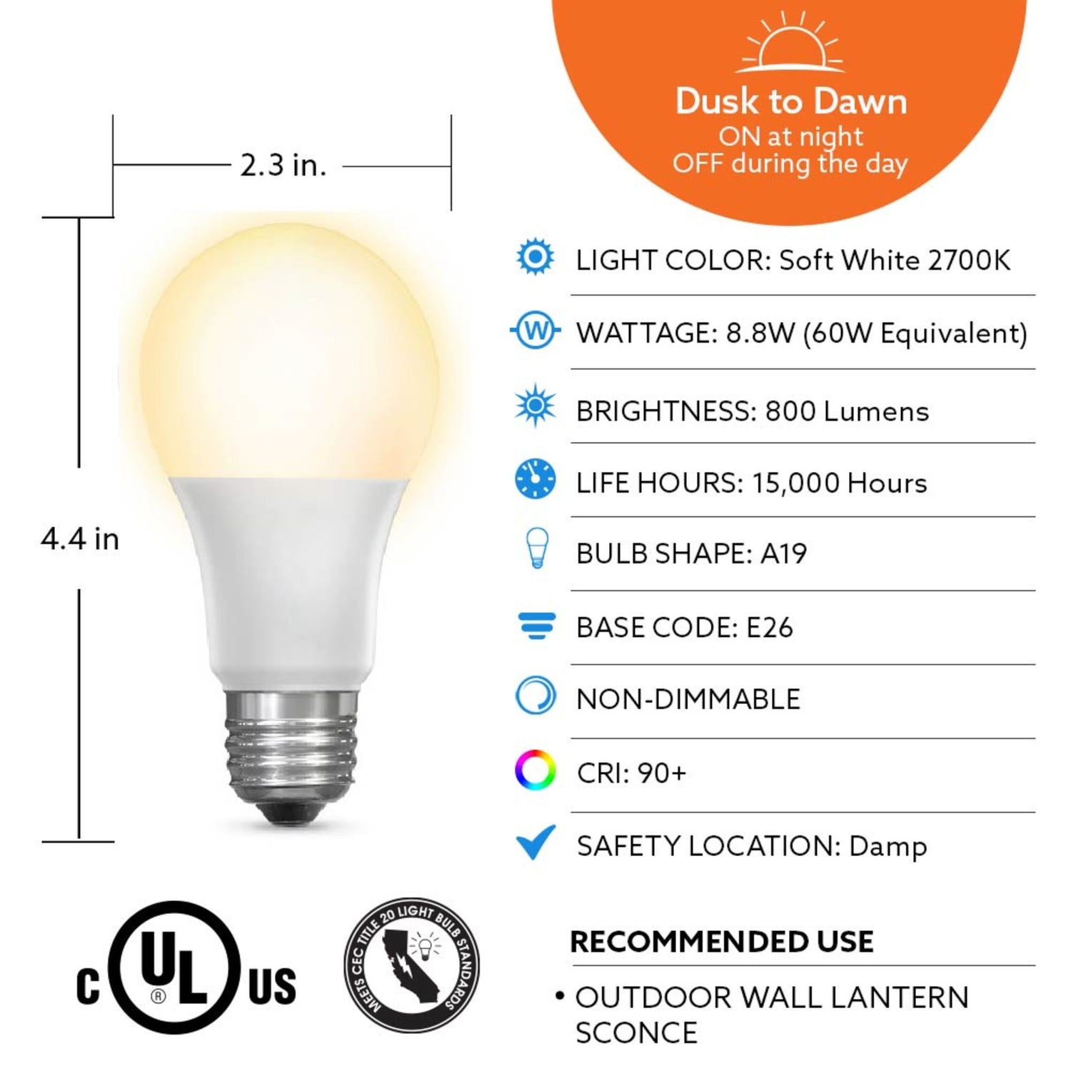 8.8W (60W Replacement) Soft White (2700K) E26 Base A19 Dusk to Dawn LED Bulb