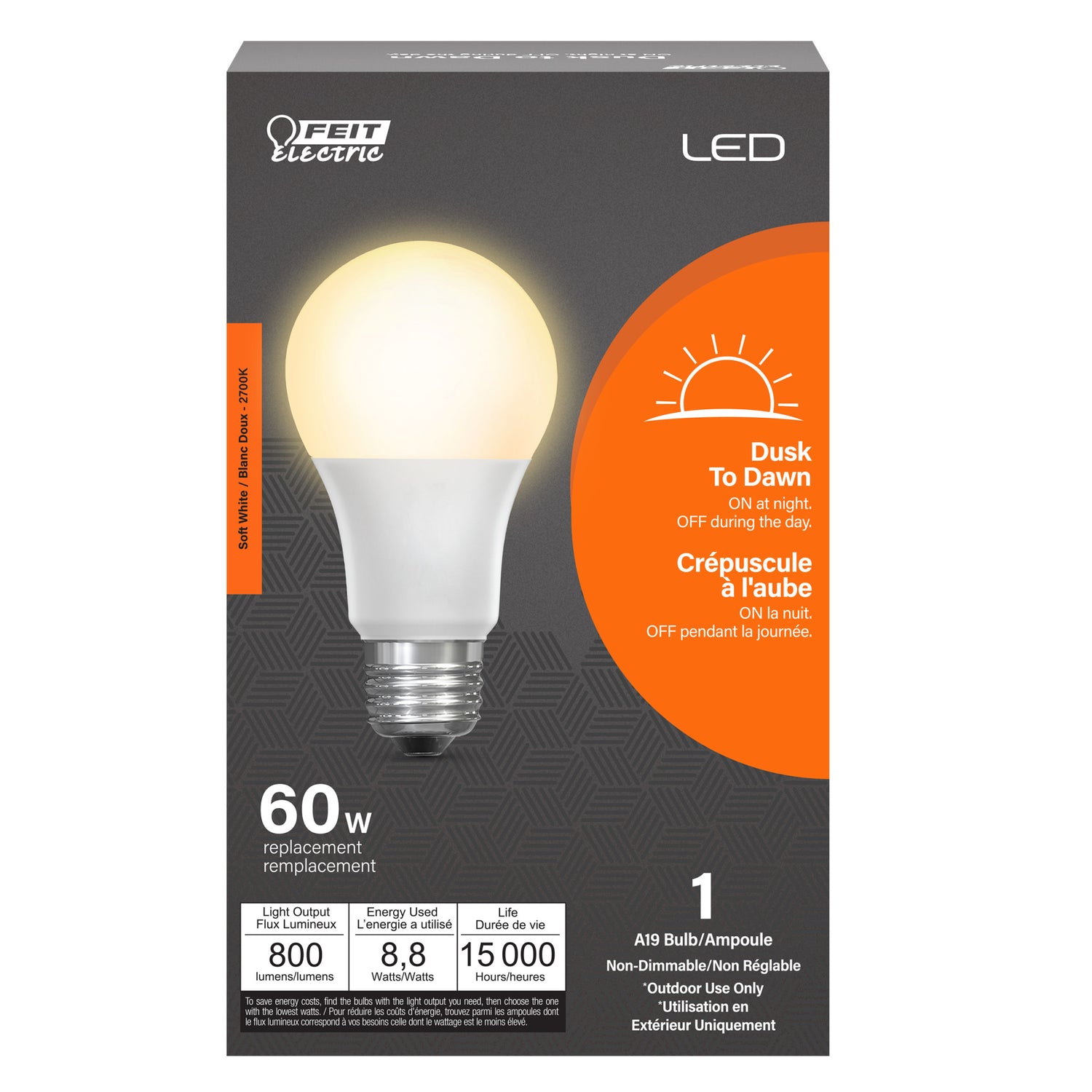 8.8W (60W Replacement) Soft White (2700K) E26 Base A19 Dusk to Dawn LED Bulb