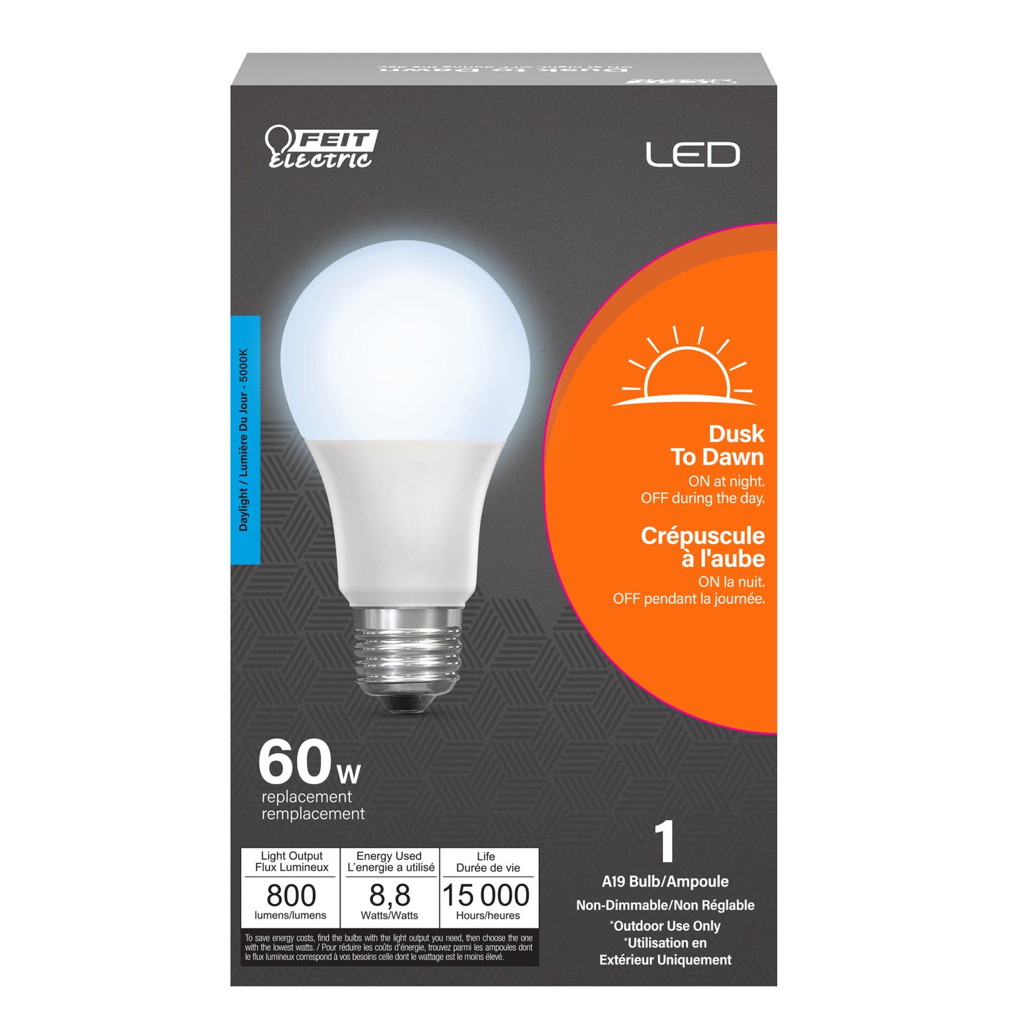 8.8W (60W Replacement) Daylight (5000K) A19 Dusk to Dawn Outdoor LED Light Bulb