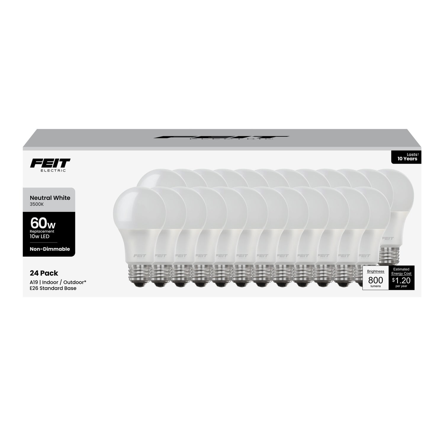 10W (60W Replacement) Neutral White (3500K) E26 Base A19 Non-Dimmable LED Light Bulb (24-Pack)