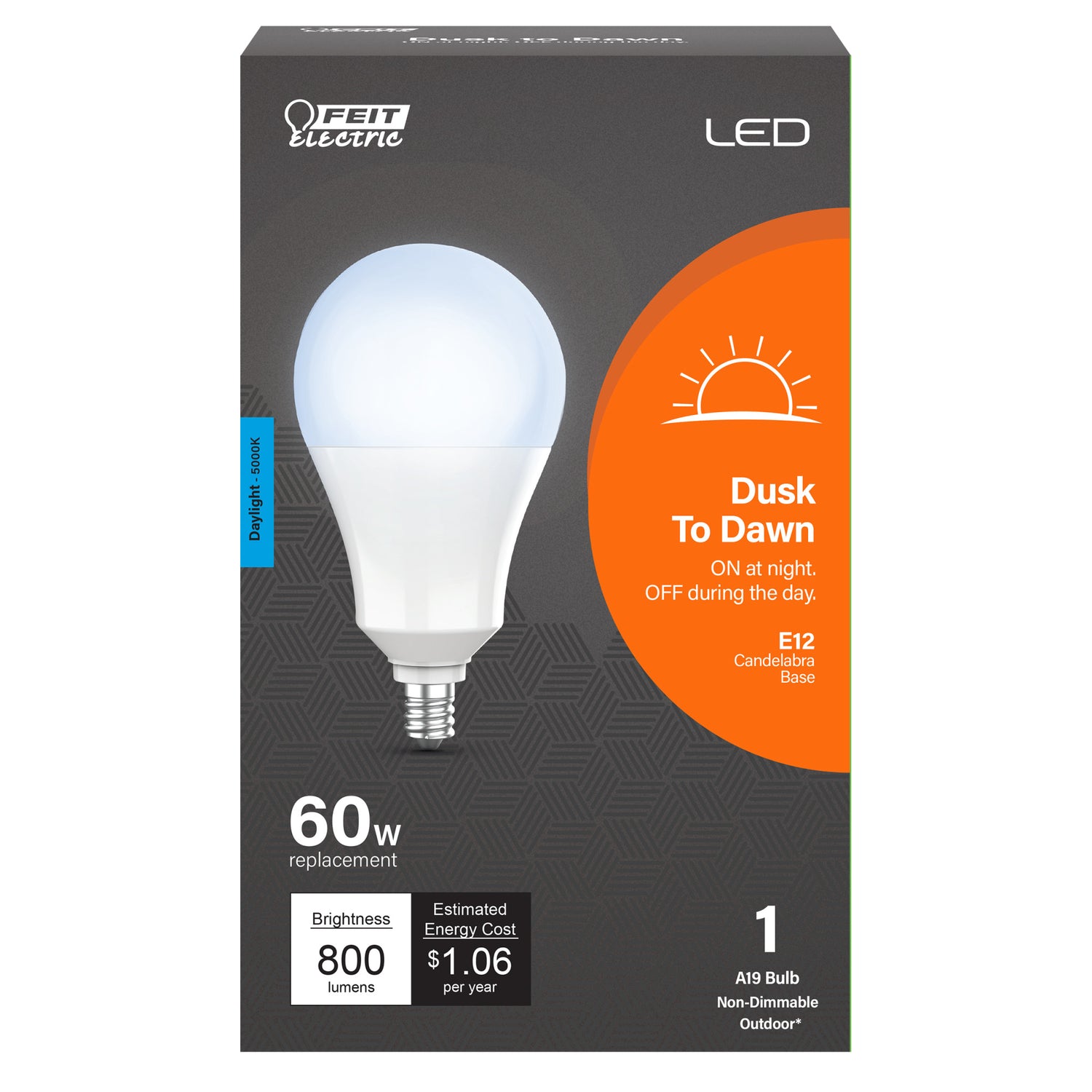 8.8W (60W Equivalent) Daylight (5000K) E12 Candelabra Base A19 Dusk to Dawn Outdoor LED Light Bulb