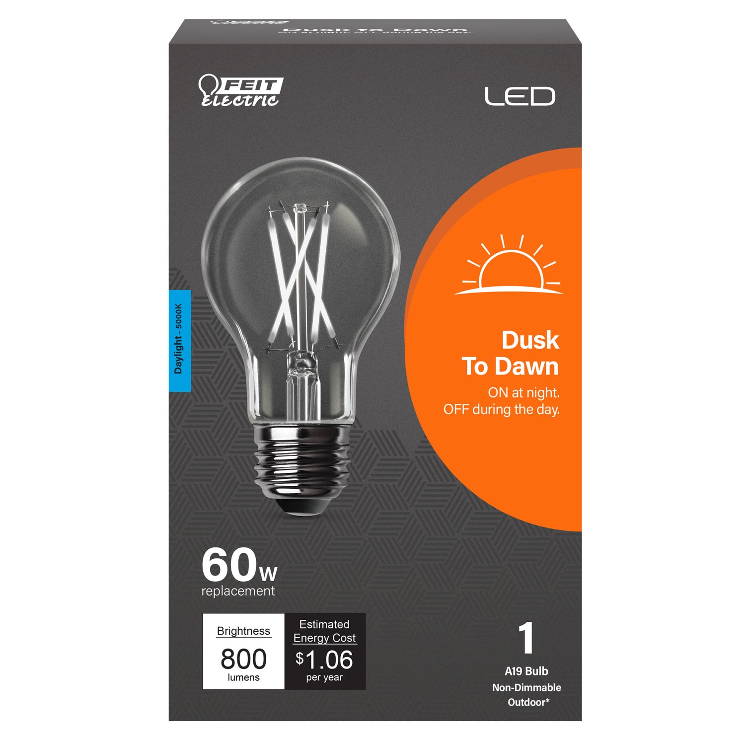 8.8W (60W Replacement) Daylight (5000K) E26 Base A19 Dusk to Dawn Filament LED