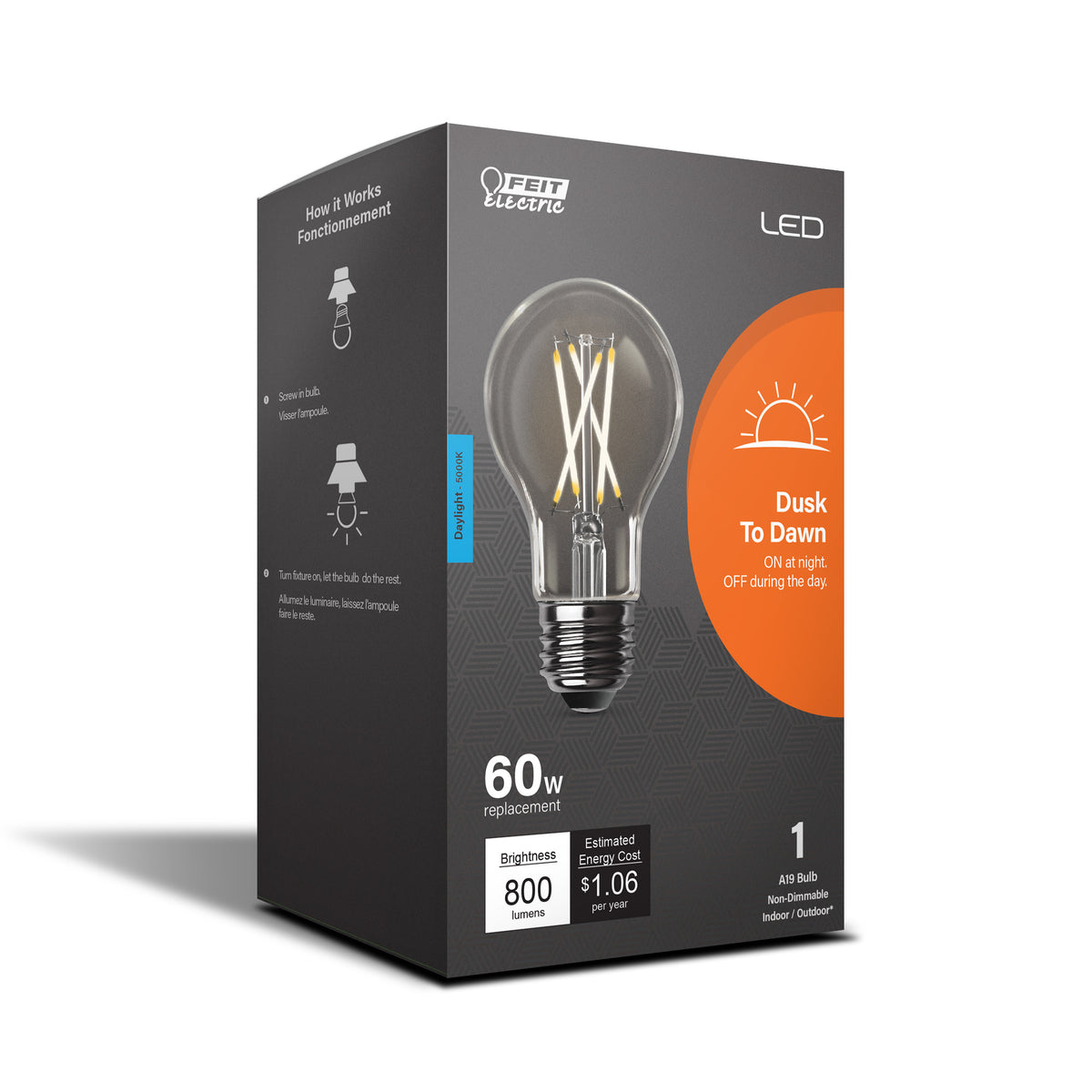 8.8W (60W Replacement) Daylight (5000K) E26 Base A19 Dusk to Dawn Filament LED