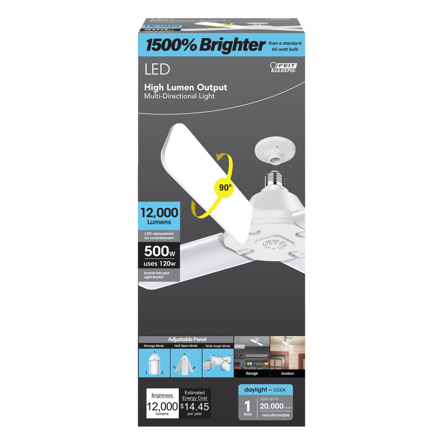 120W (500W Replacement) 12000 Lumen Daylight (5000K) Multidirectional Foldable Panel Garage Light