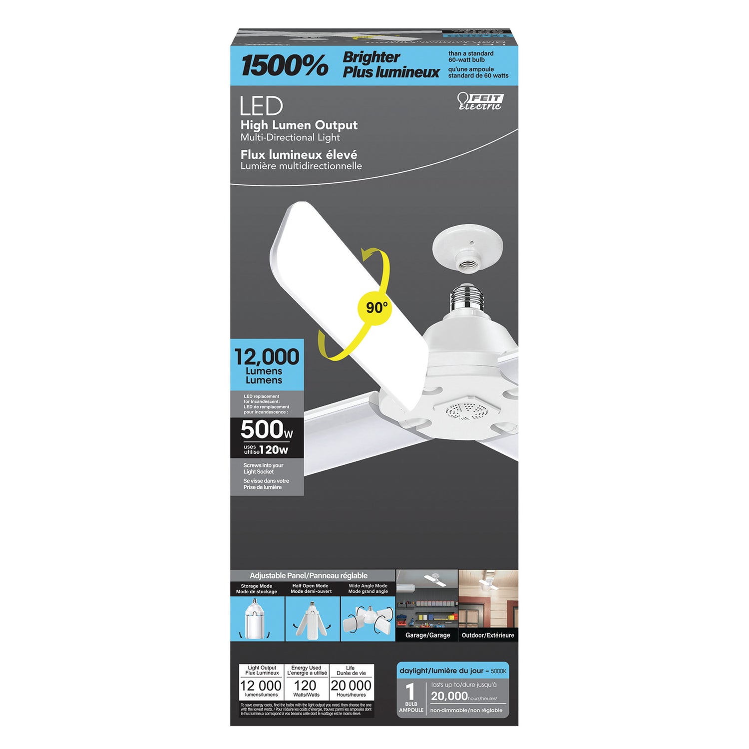 120W (500W Replacement) 12000 Lumen Daylight (5000K) Multidirectional Foldable Panel Garage Light