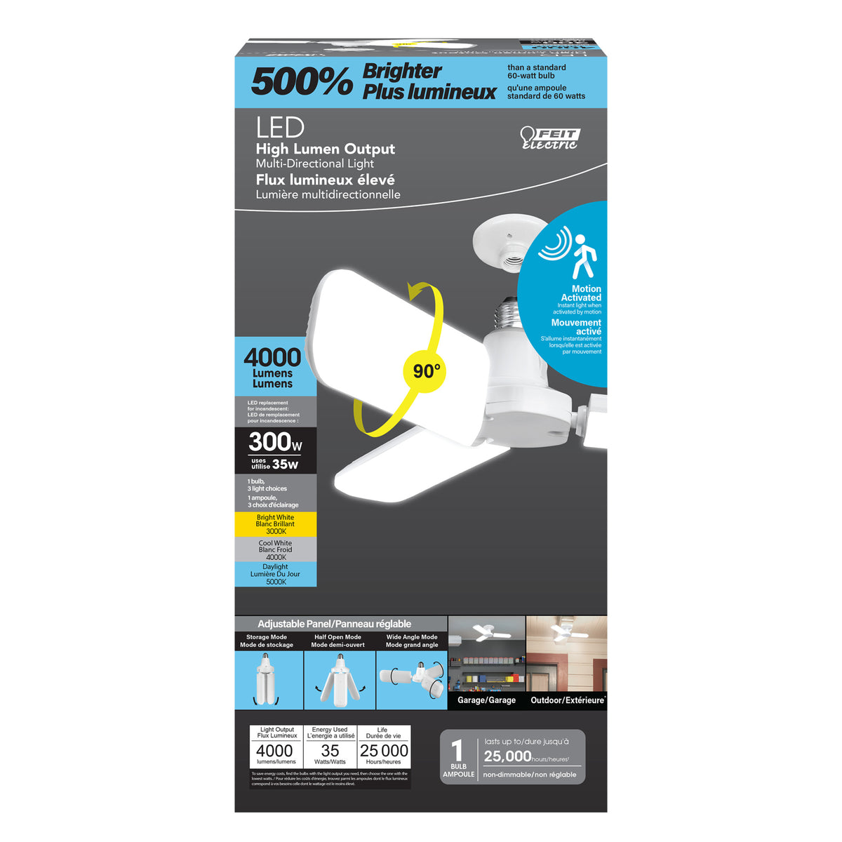 35W (300W Equivalent) Selectable White E26 Replacement LED Multi-Directional Light + Motion Sensor