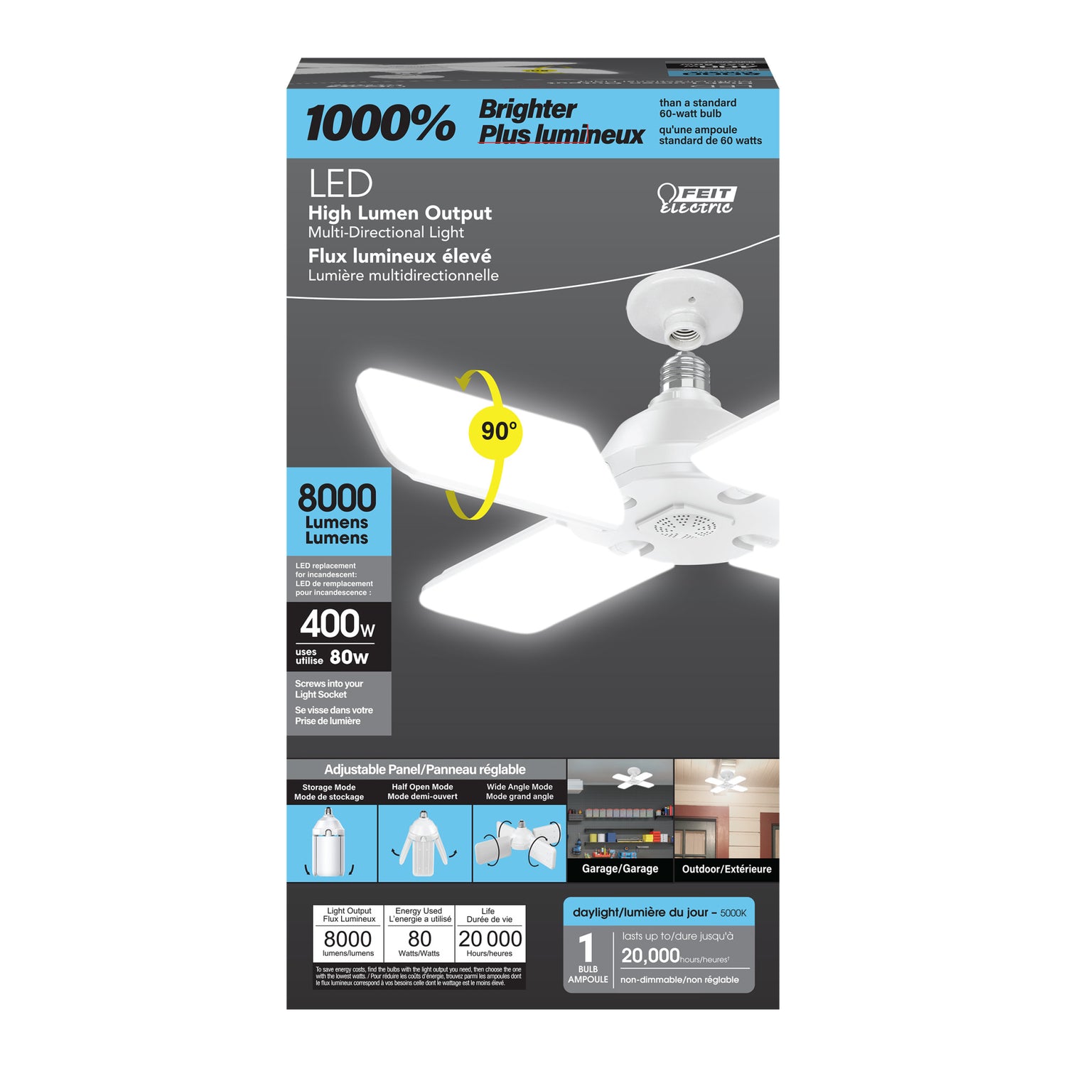 80W (400W Replacement) Foldable LED High Output Multi-Directional Panel Garage Light