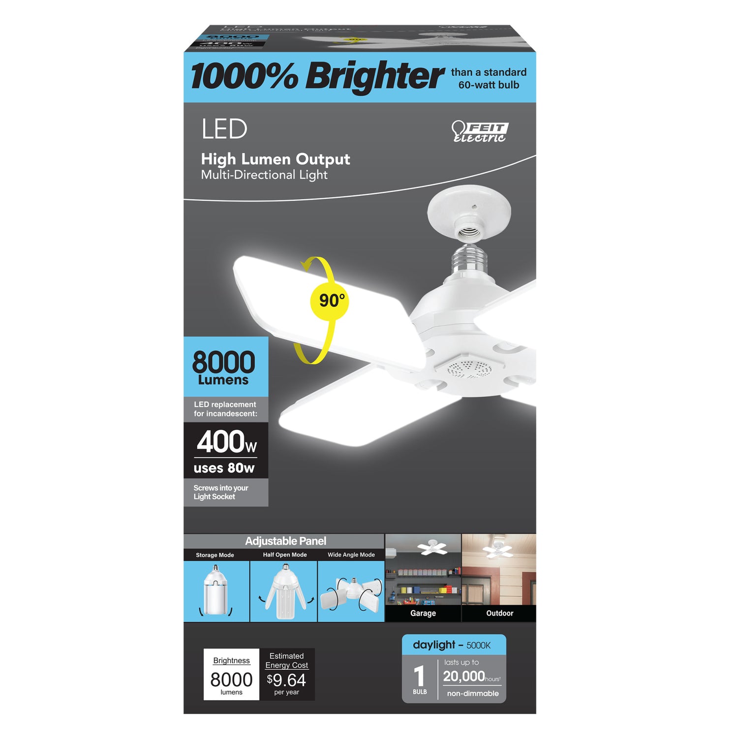 80W (400W Replacement) Foldable LED High Output Multi-Directional Panel Garage Light
