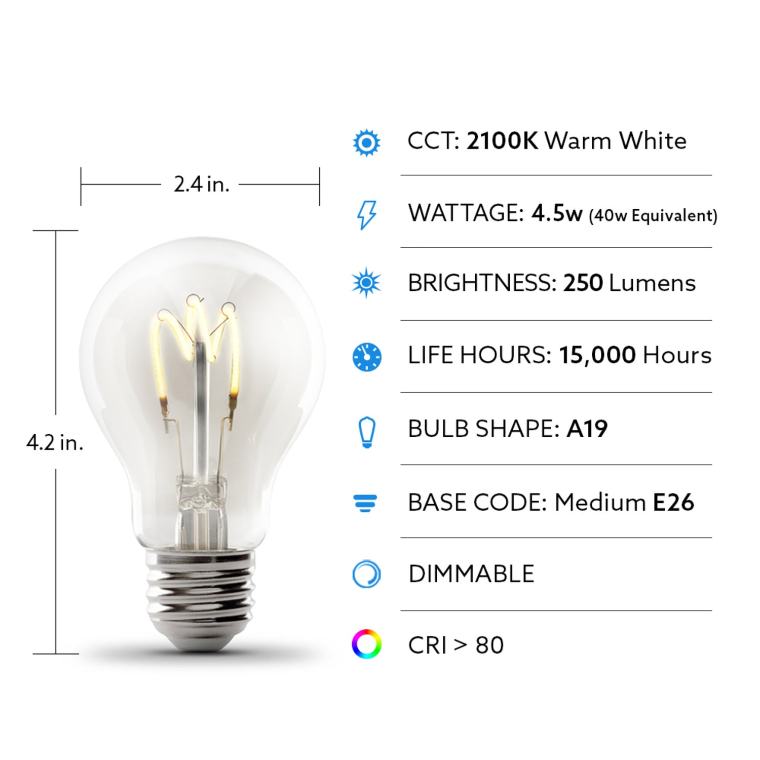 4.5W (40W Replacement) A19 E26 Dimmable H Shape Filament Clear Glass Vintage Edison LED Light Bulb, Warm White