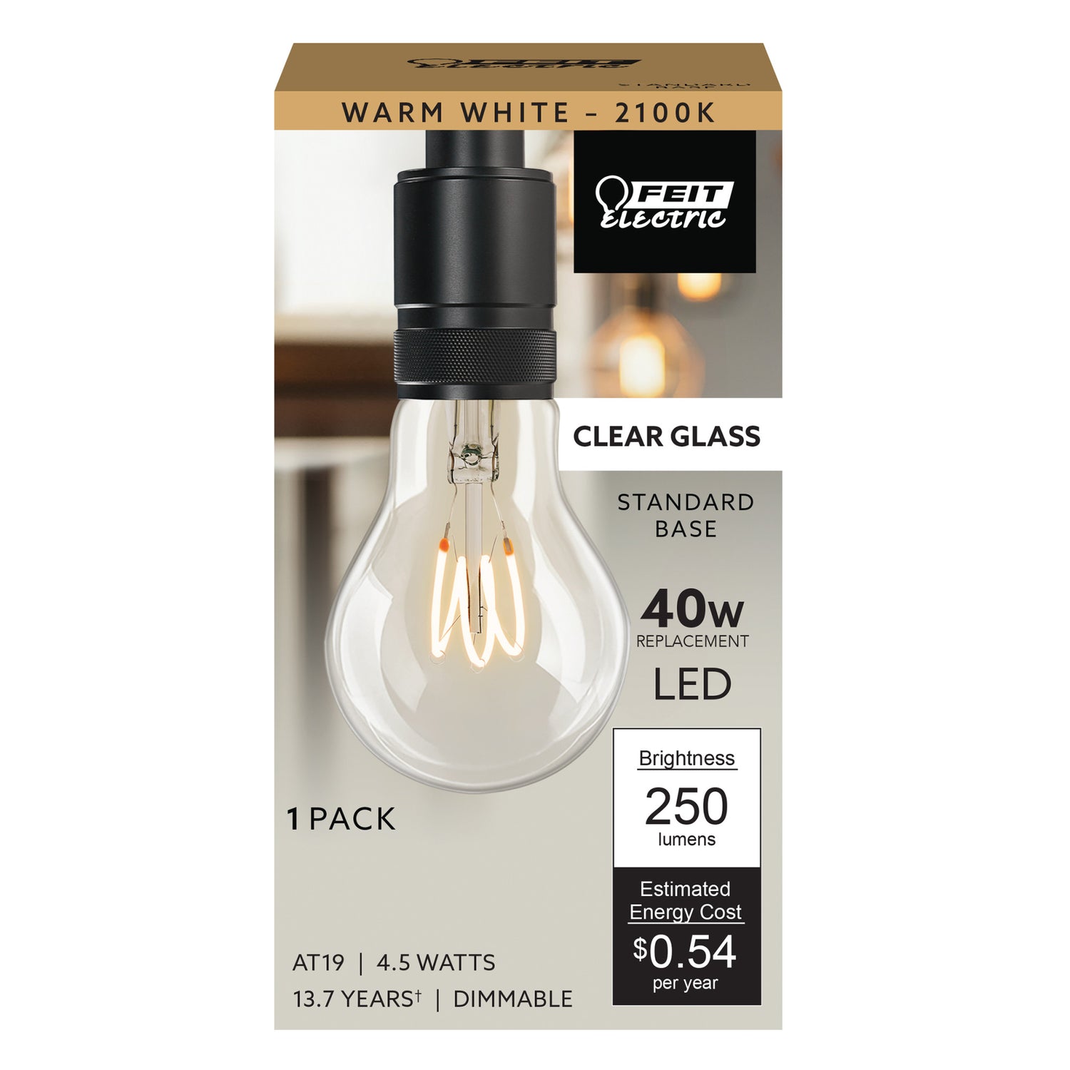 4.5W (40W Replacement) A19 E26 Dimmable H Shape Filament Clear Glass Vintage Edison LED Light Bulb, Warm White