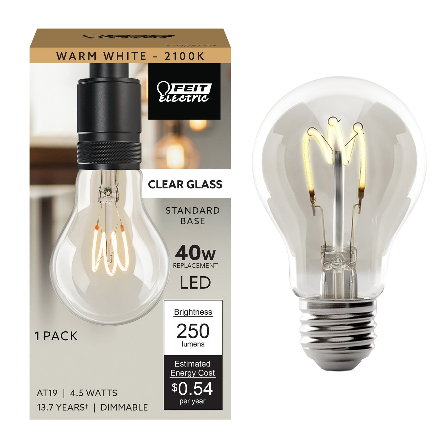 4.5W (40W Replacement) A19 E26 Dimmable H Shape Filament Clear Glass Vintage Edison LED Light Bulb, Warm White