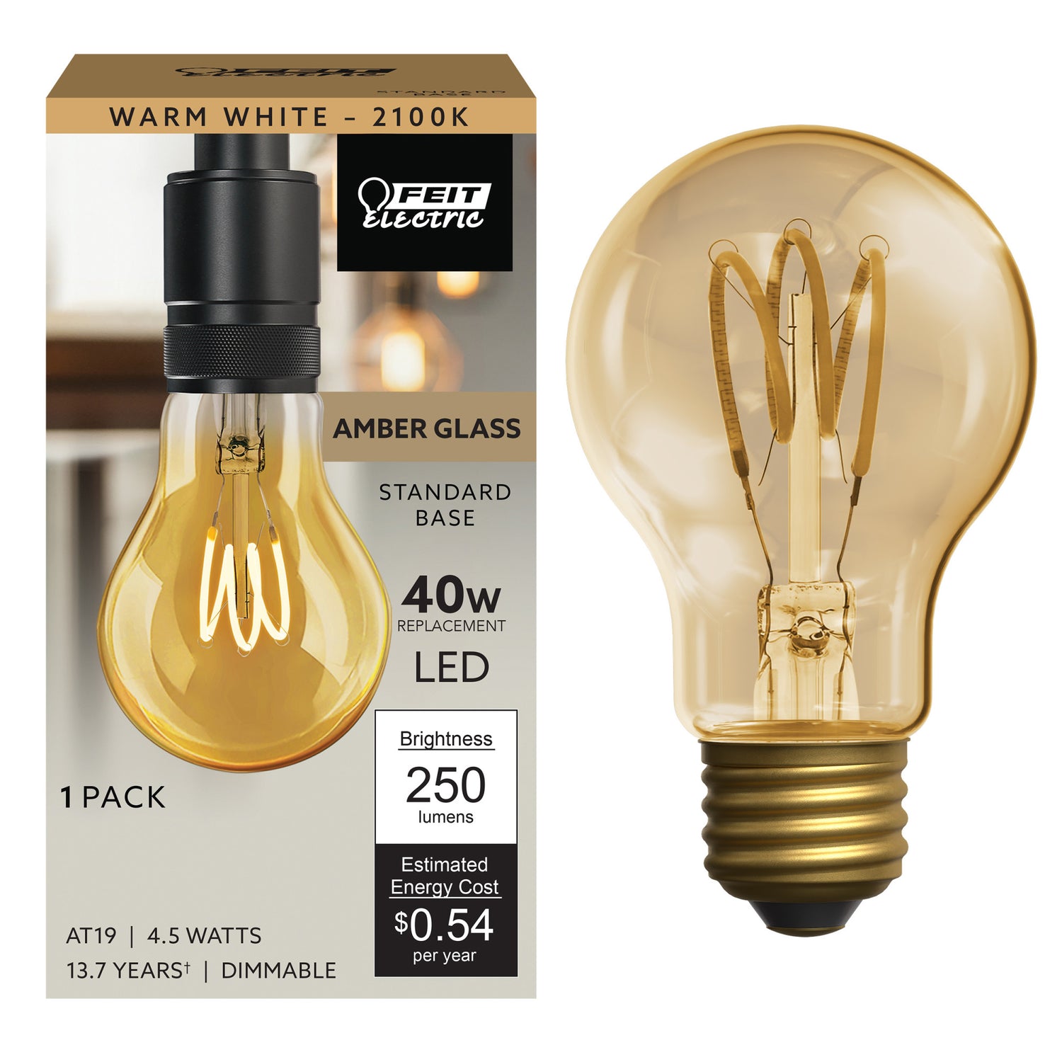 4.5W (40W Replacement) AT19 E26 Curved Filament Amber Glass Vintage Edison LED Light Bulb, Warm White