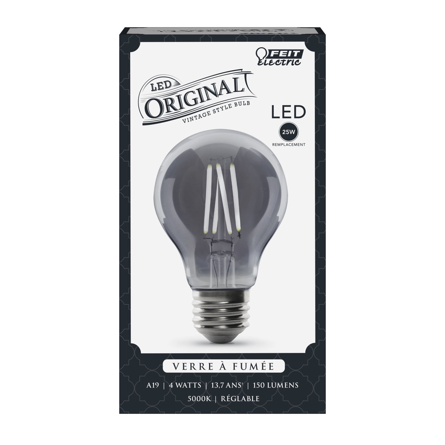 4W (25W Replacement) AT19 E26 Dimmable Straight Filament Smoke Glass Vintage Edison LED Light Bulb, Daylight