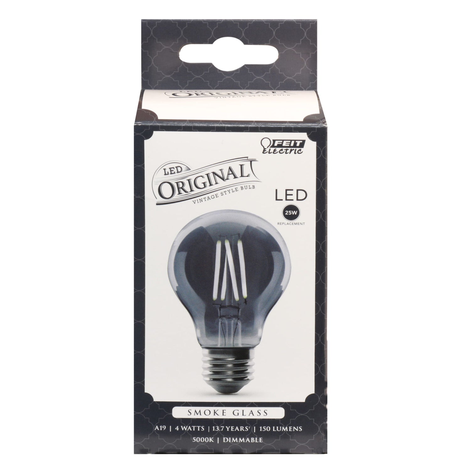 4W (25W Replacement) AT19 E26 Dimmable Straight Filament Smoke Glass Vintage Edison LED Light Bulb, Daylight