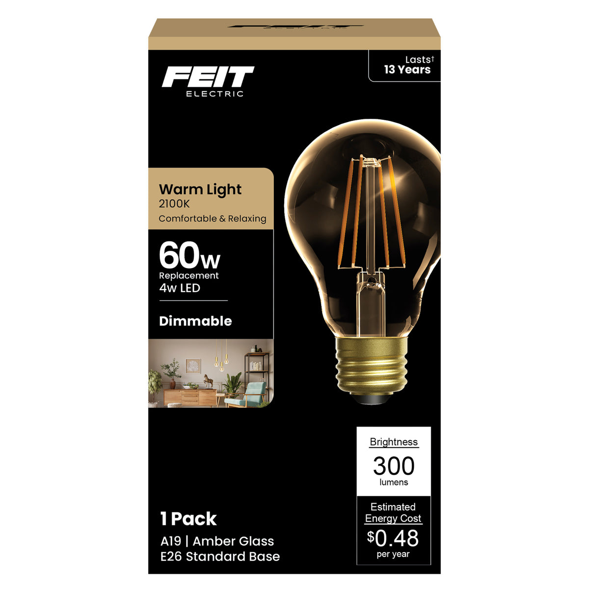 4W (60W Replacement) AT19 E26 Dimmable Straight Filament Amber Glass Vintage Edison LED Light Bulb, Soft White