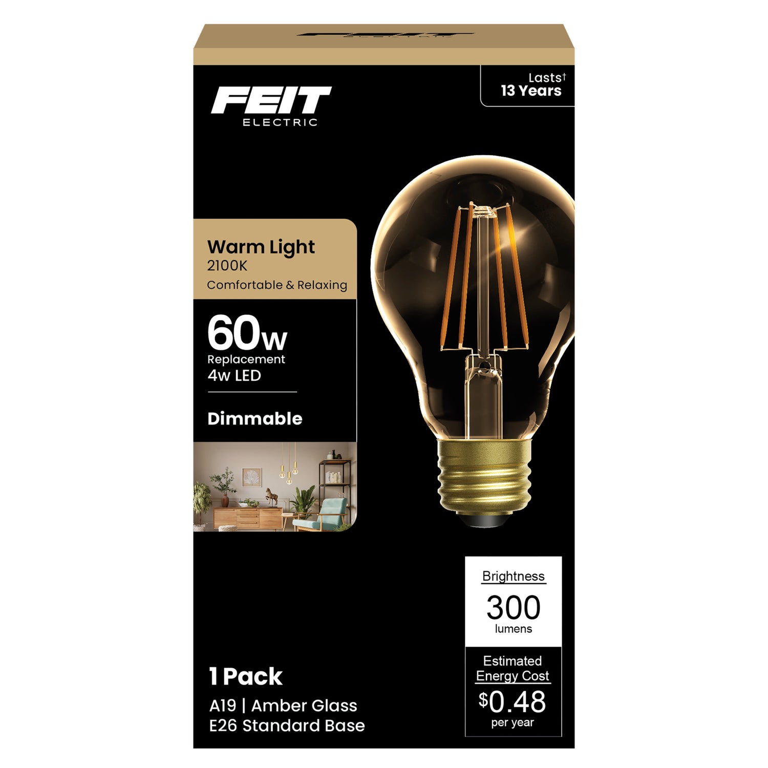 4W (60W Replacement) AT19 E26 Dimmable Straight Filament Amber Glass Vintage Edison LED Light Bulb, Soft White