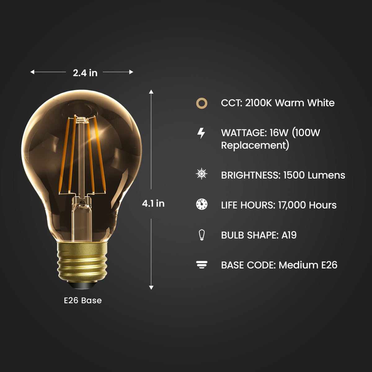4W (60W Replacement) AT19 E26 Dimmable Straight Filament Amber Glass Vintage Edison LED Light Bulb, Soft White