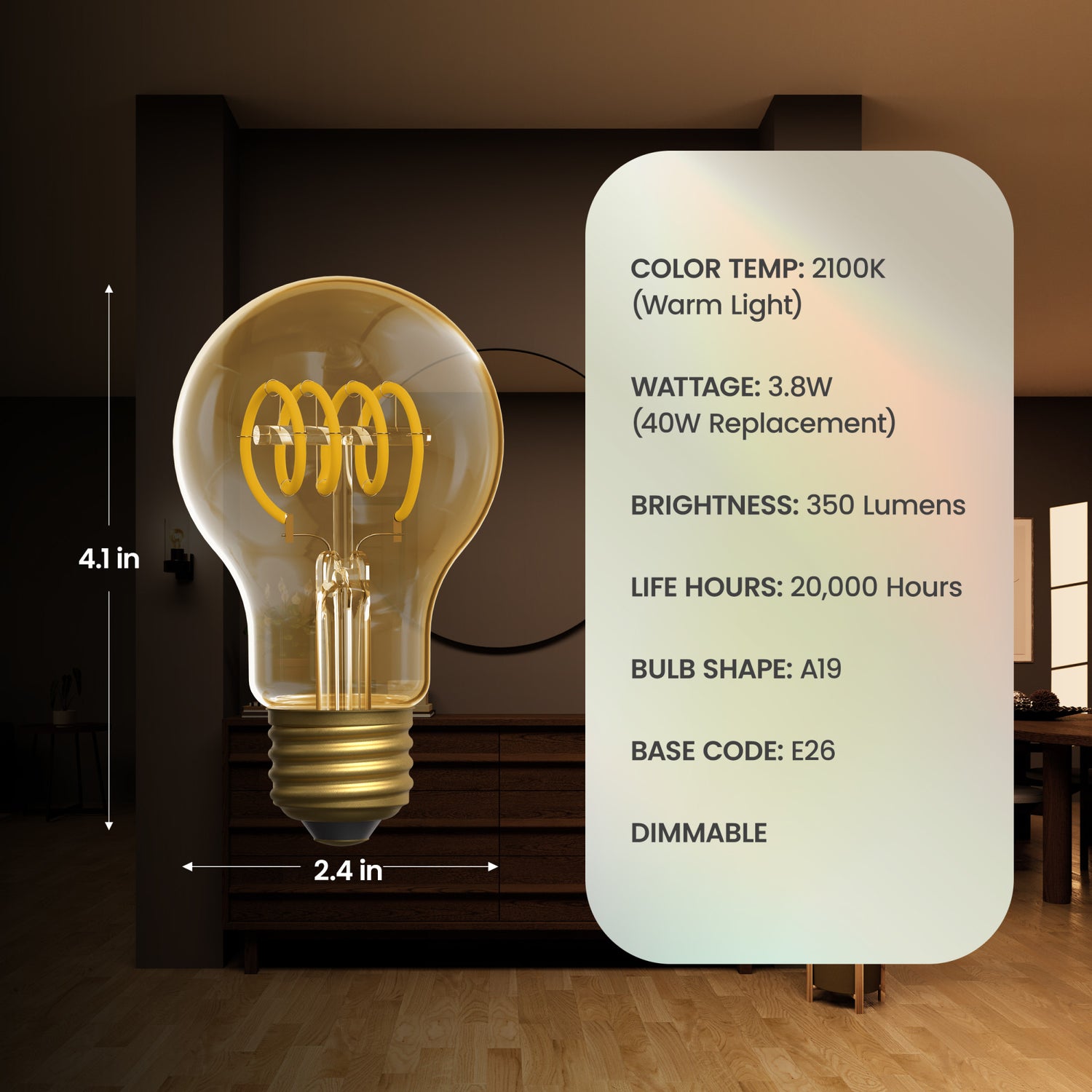 5.5W (40W Replacement) Amber AT19 E26 Dimmable Vintage Spiral Filament LED Bulb, Warm Light