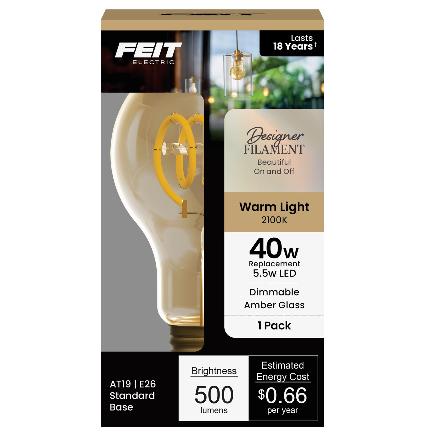 5.5W (40W Replacement) Amber AT19 E26 Dimmable Vintage Spiral Filament LED Bulb, Warm Light