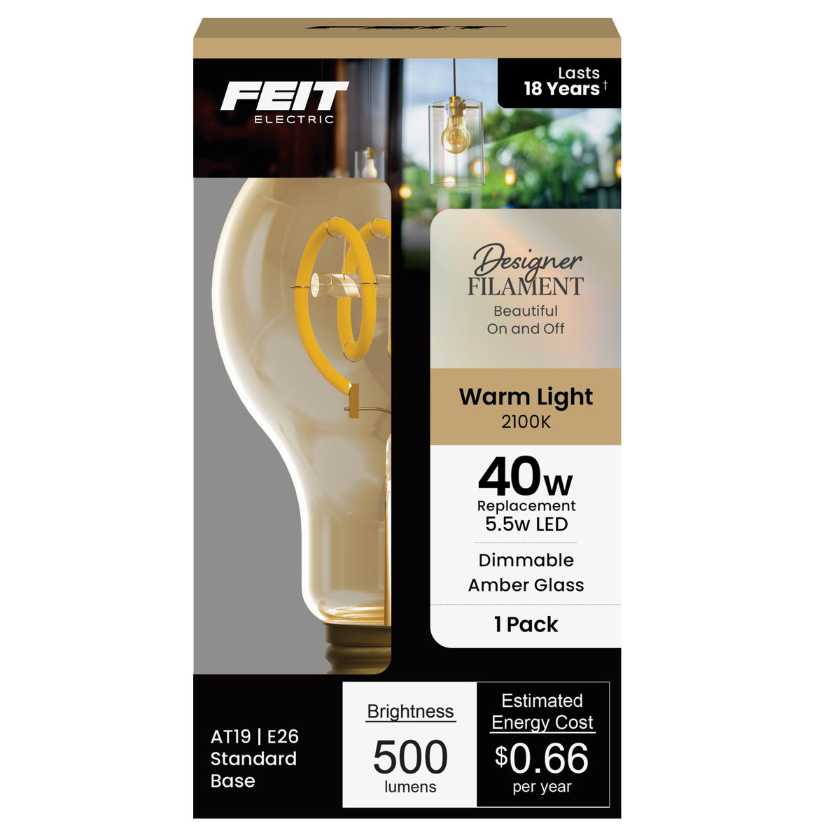 5.5W (40W Replacement) Amber AT19 E26 Dimmable Vintage Spiral Filament LED Bulb, Warm Light