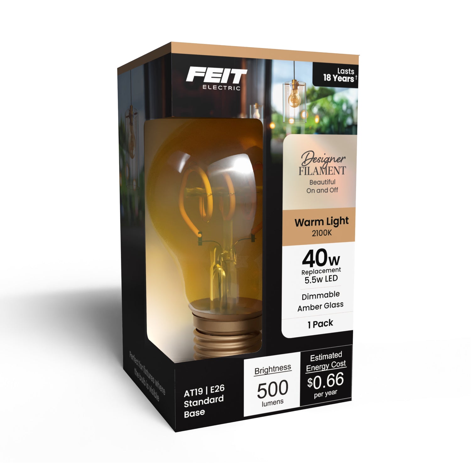 5.5W (40W Replacement) Amber AT19 E26 Dimmable Vintage Spiral Filament LED Bulb, Warm Light