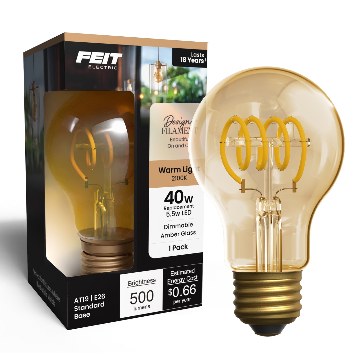 5.5W (40W Replacement) Amber AT19 E26 Dimmable Vintage Spiral Filament LED Bulb, Warm Light