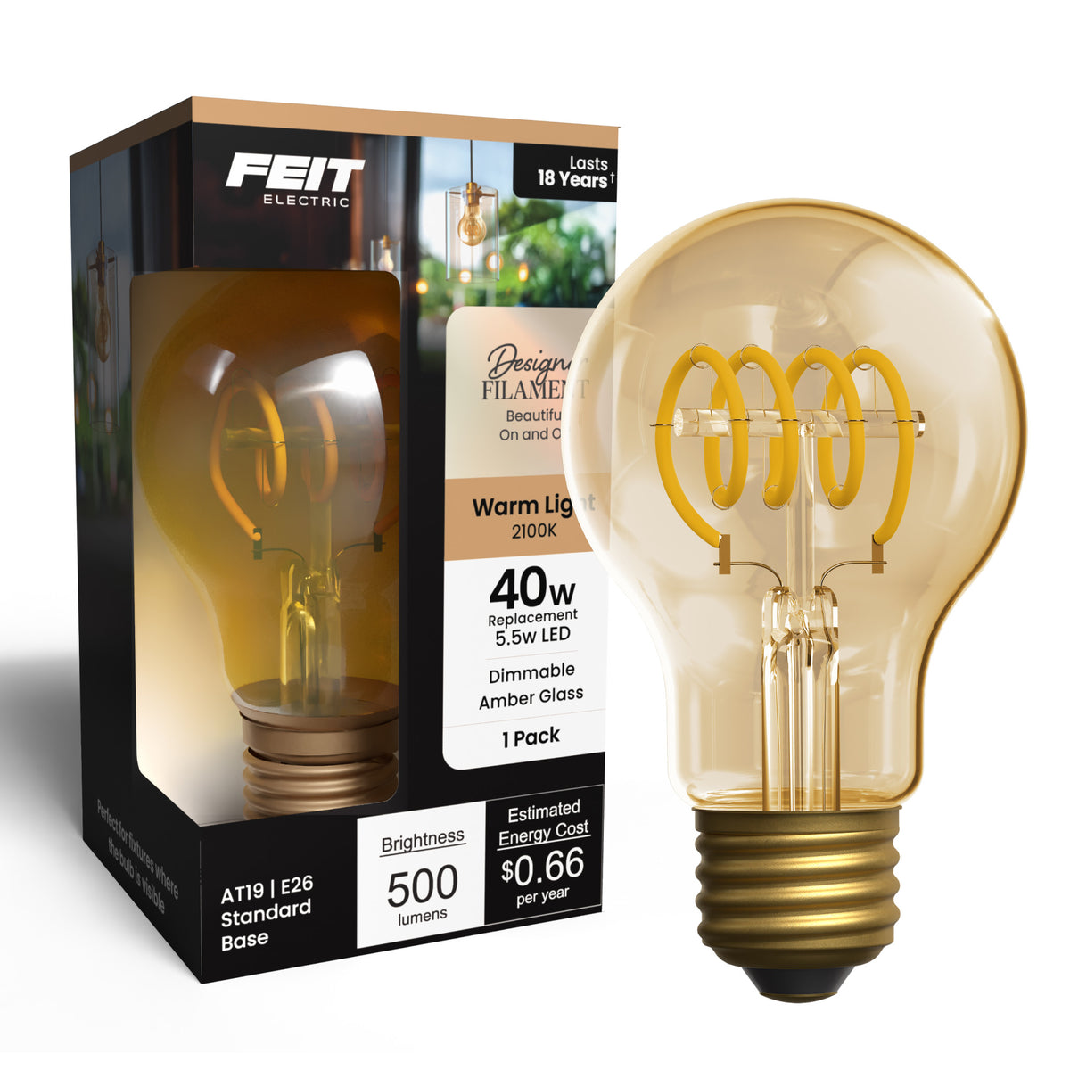 5.5W (40W Replacement) Amber AT19 E26 Dimmable Vintage Spiral Filament LED Bulb, Warm Light