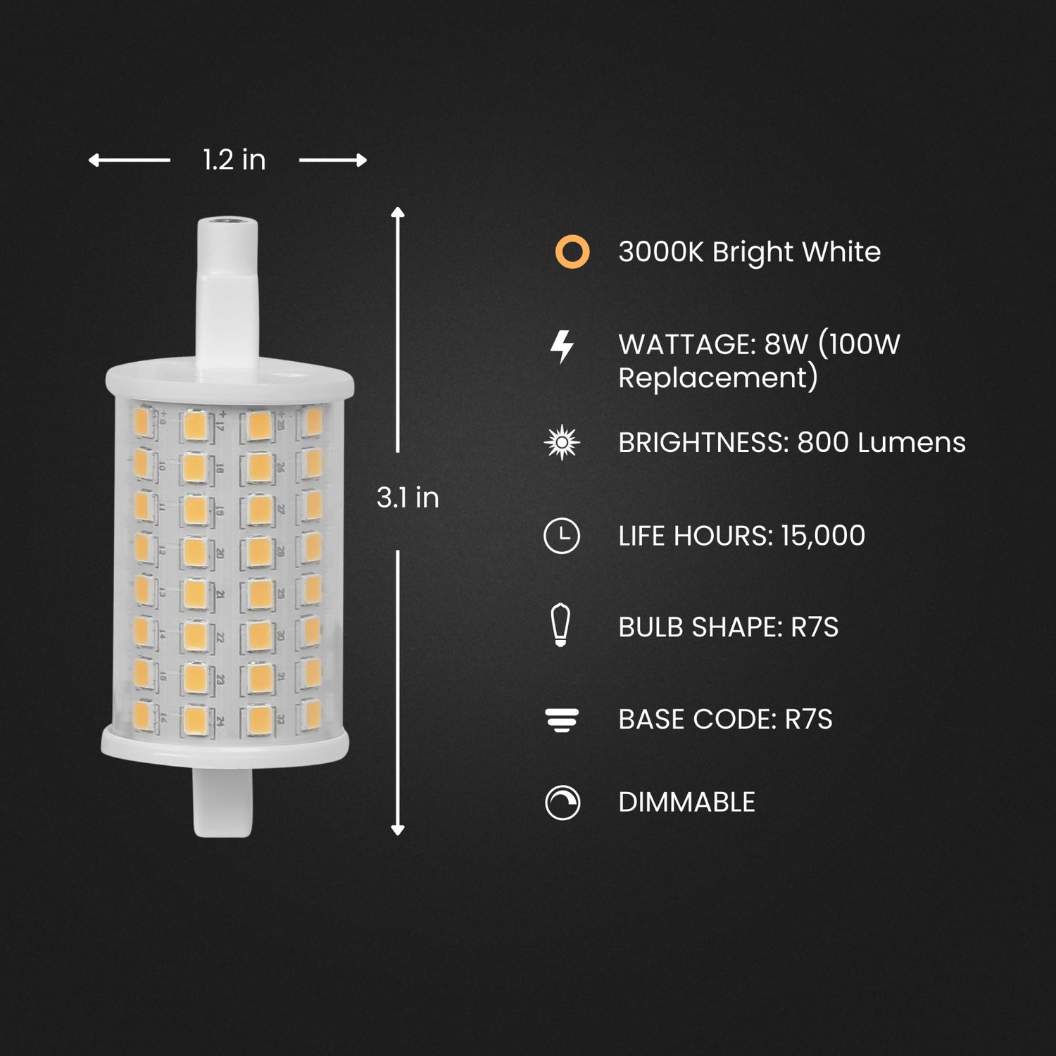 8W (100W Equivalent) Bright White (3000K) R7s LED Light Bulb