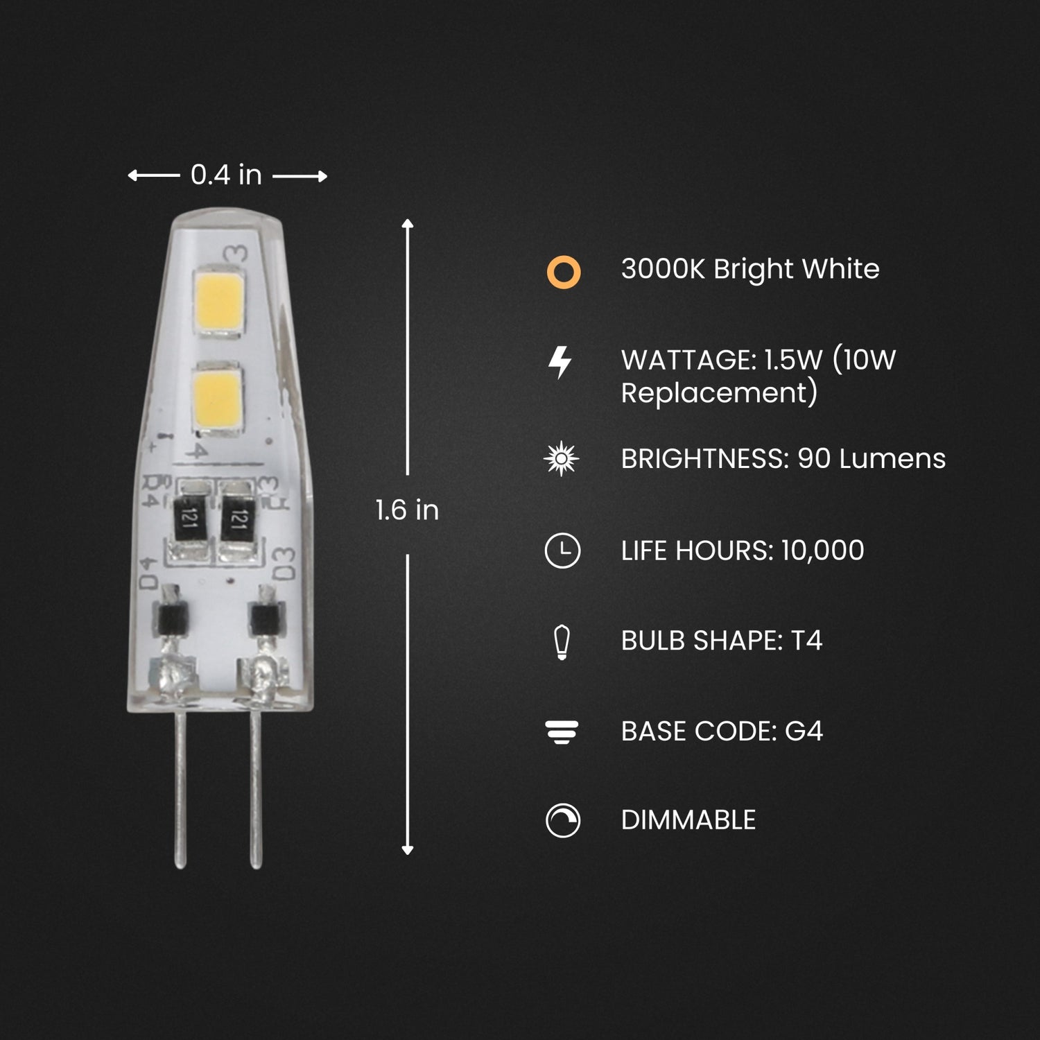 1.5W 12V Bright White (3000K) T4 Shape G4 Base LED Light Bulb